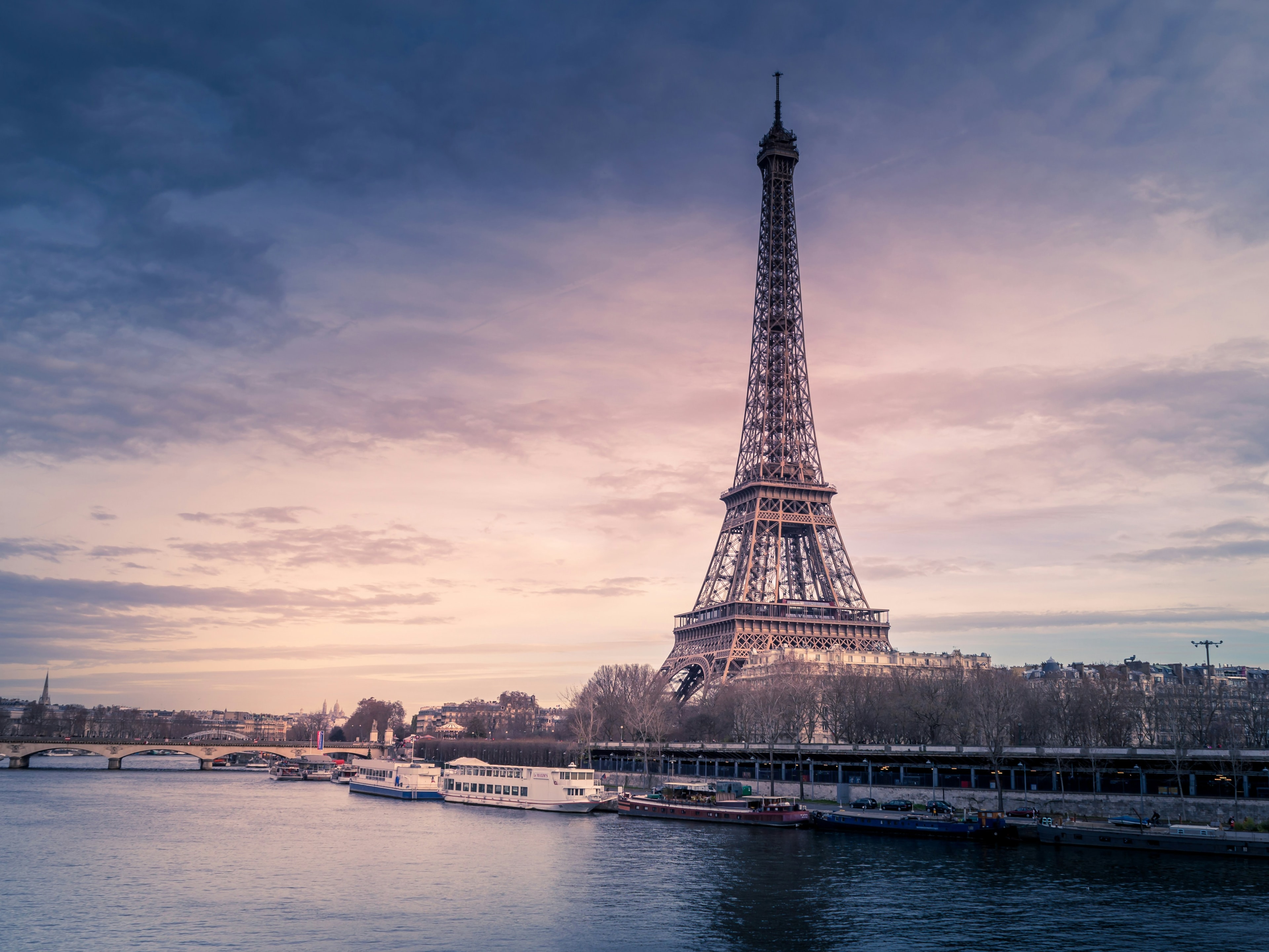 An aerial view of the Eiffel Tower during the sunrise.