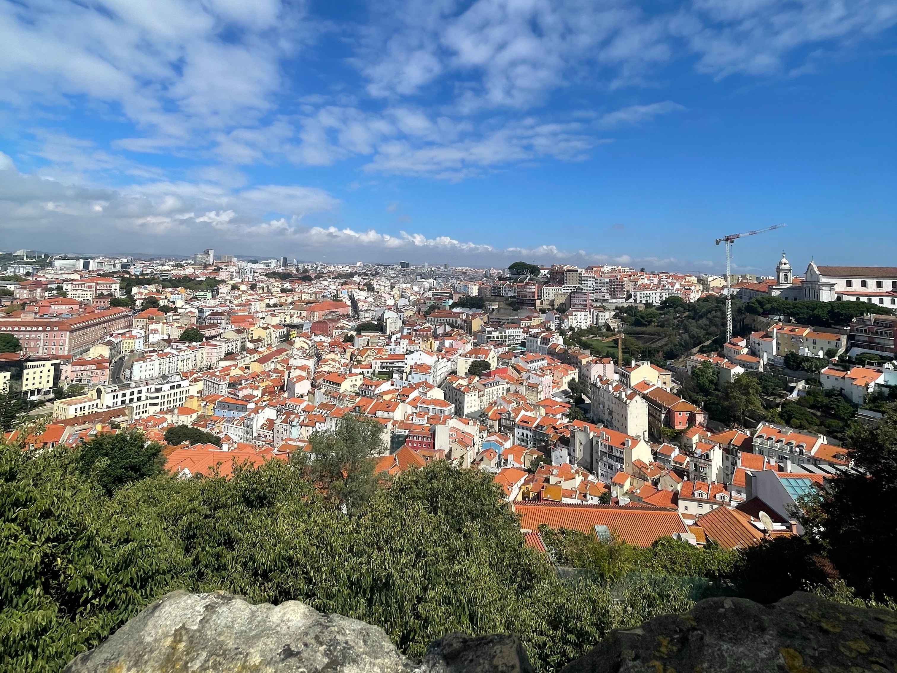 An aerial view of the Castelo de Sao Jorge city complete with green trees and red-roofed buildings.