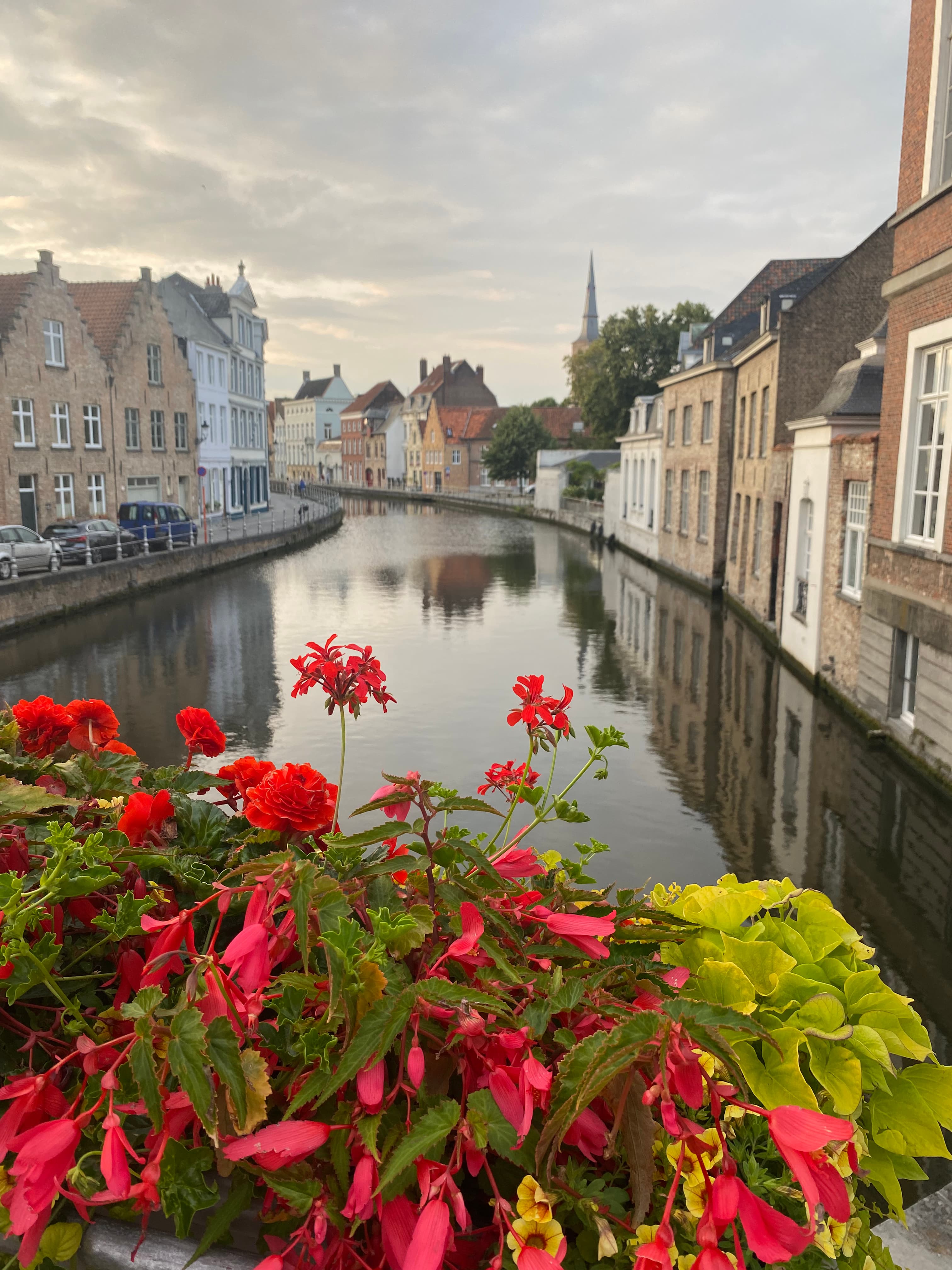 view of a canal with unique row brick row houses on either side