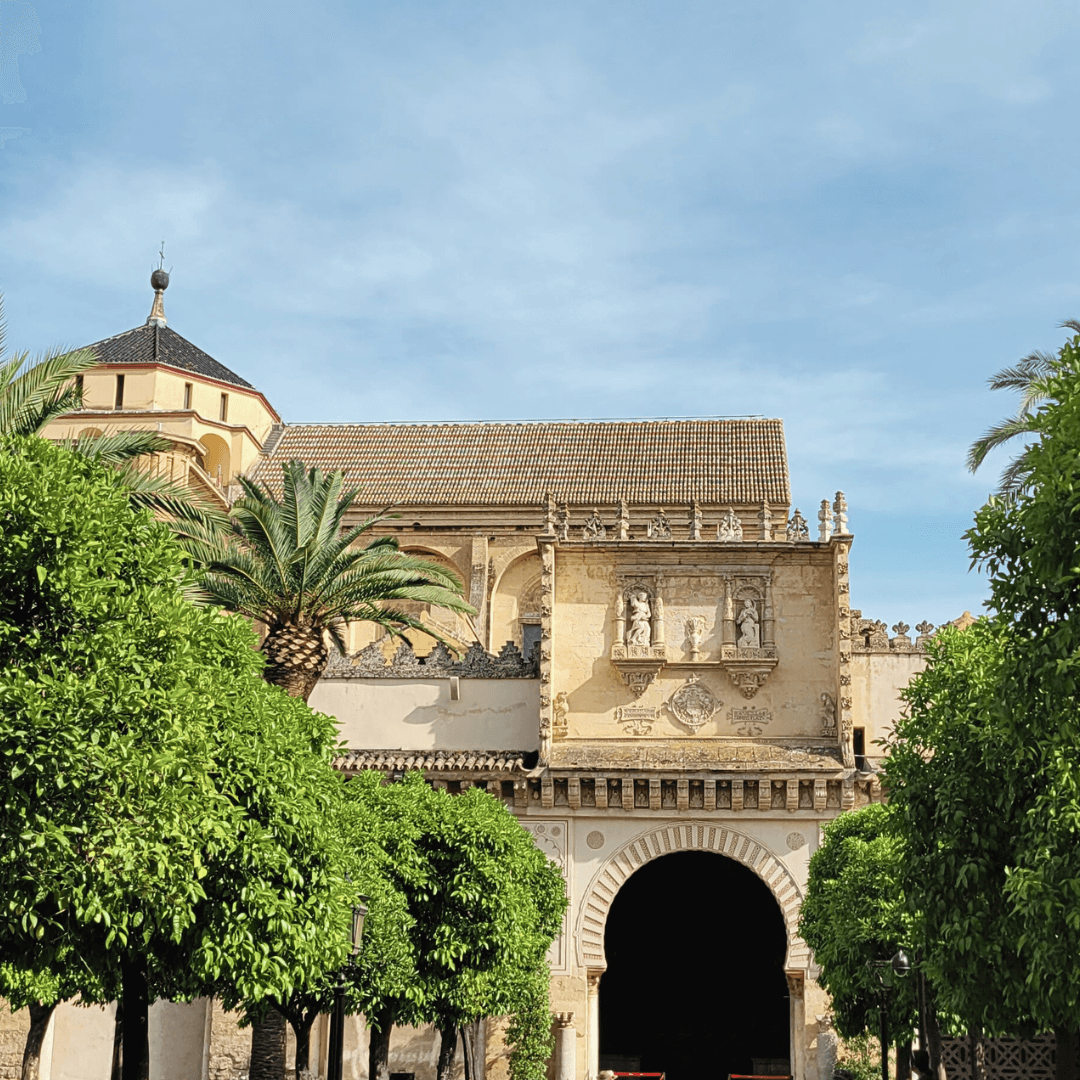 ancient building with arch entrance through trees