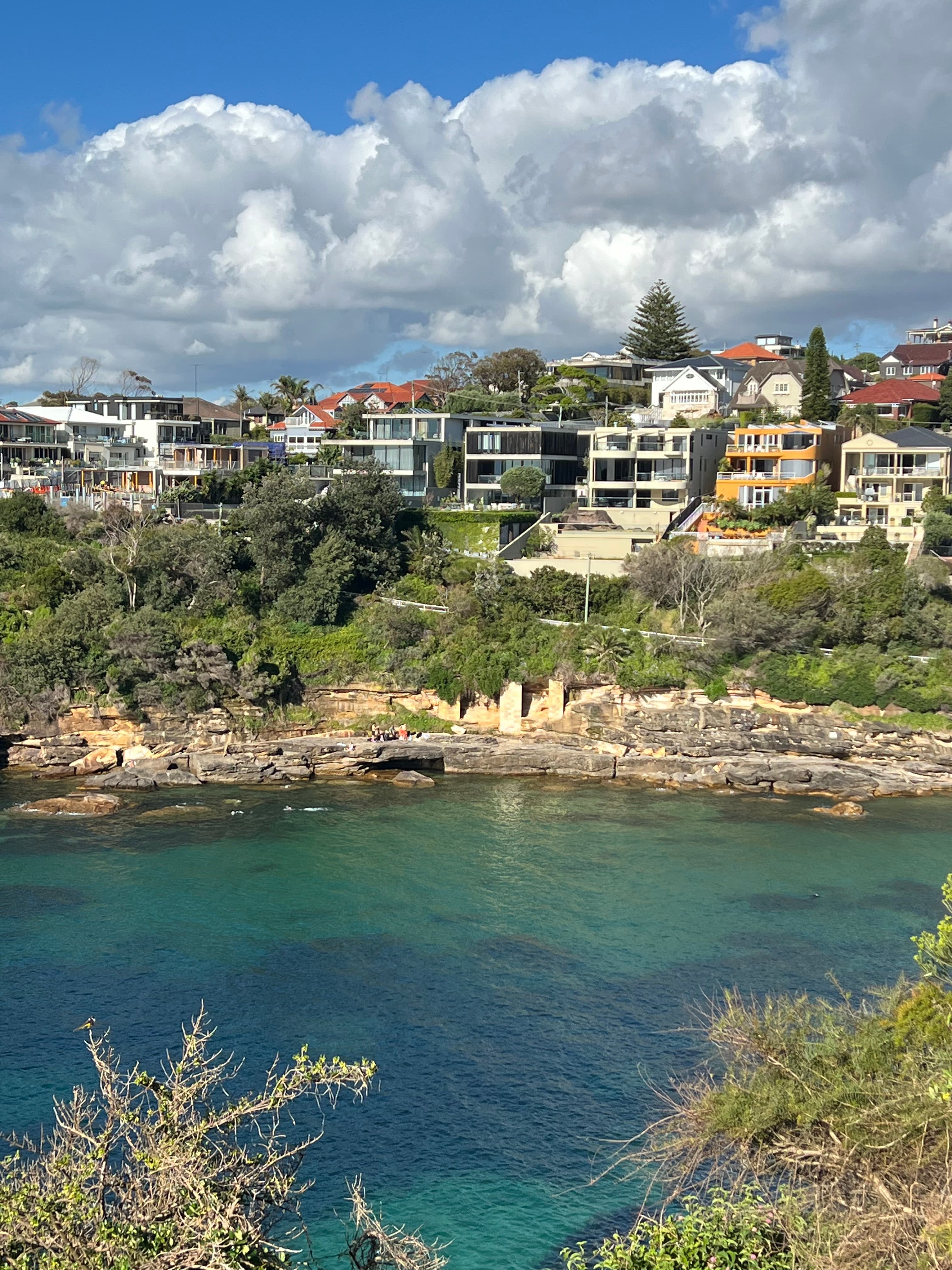 A coastal city view of a rocky shoreline, green trees and blue water