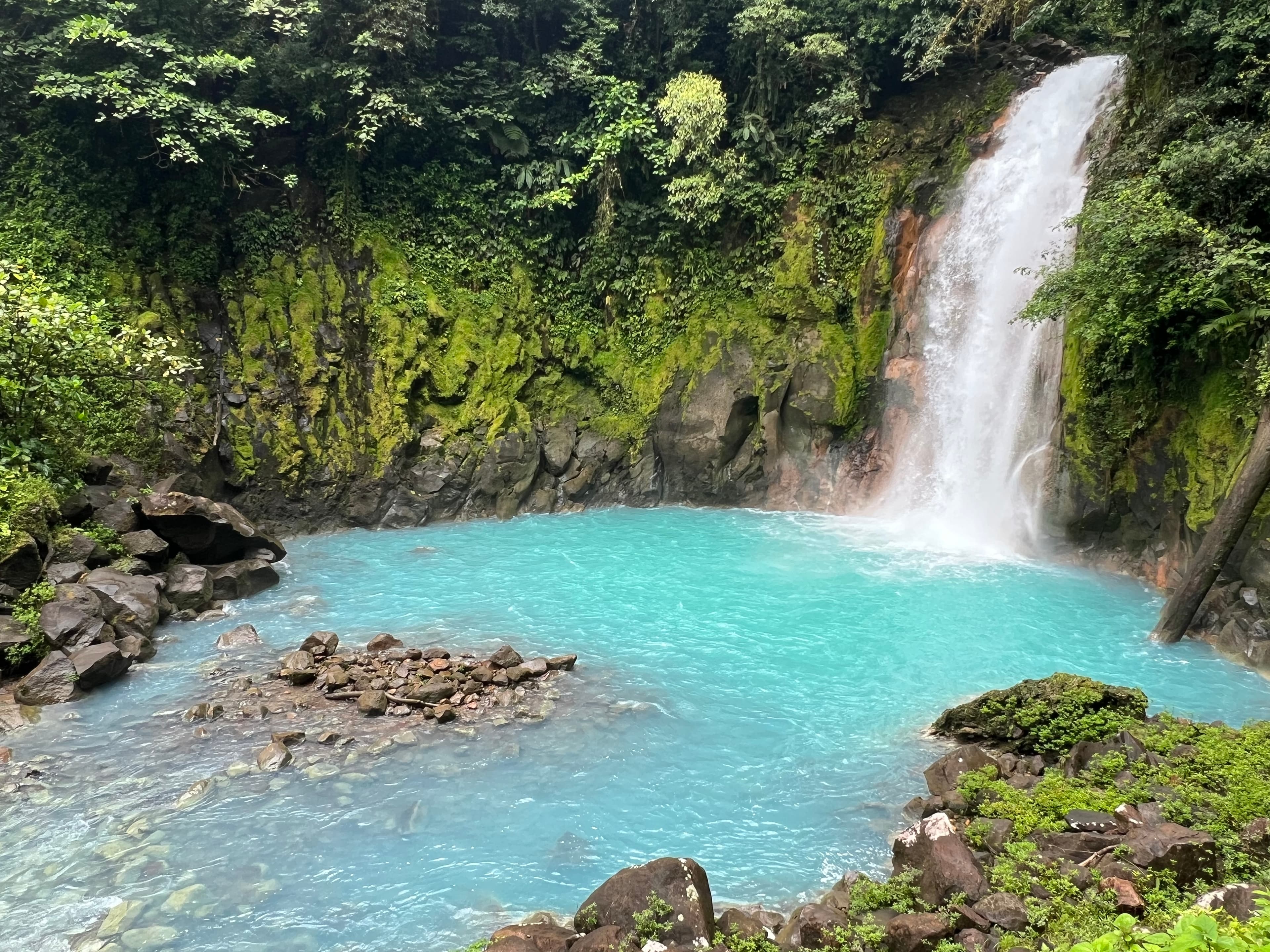 A waterfall and crystal blue lagoon surrounded by mossy green terrain