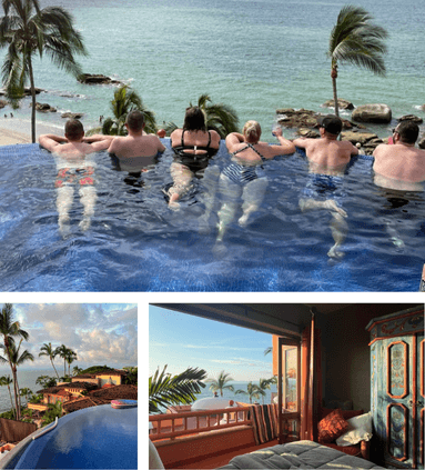 Photos of the pool and hotel room