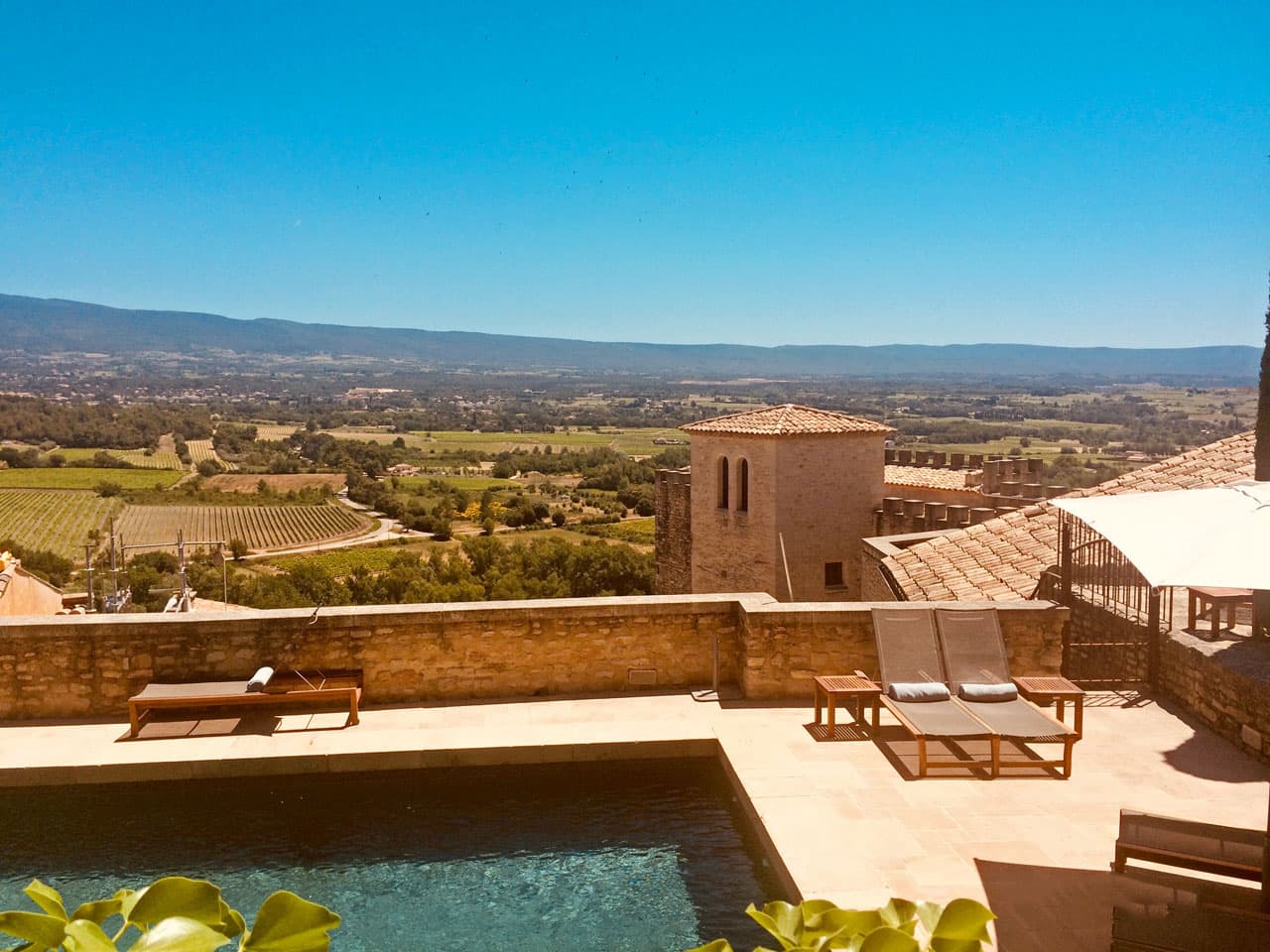 hotel pool deck over vineyards