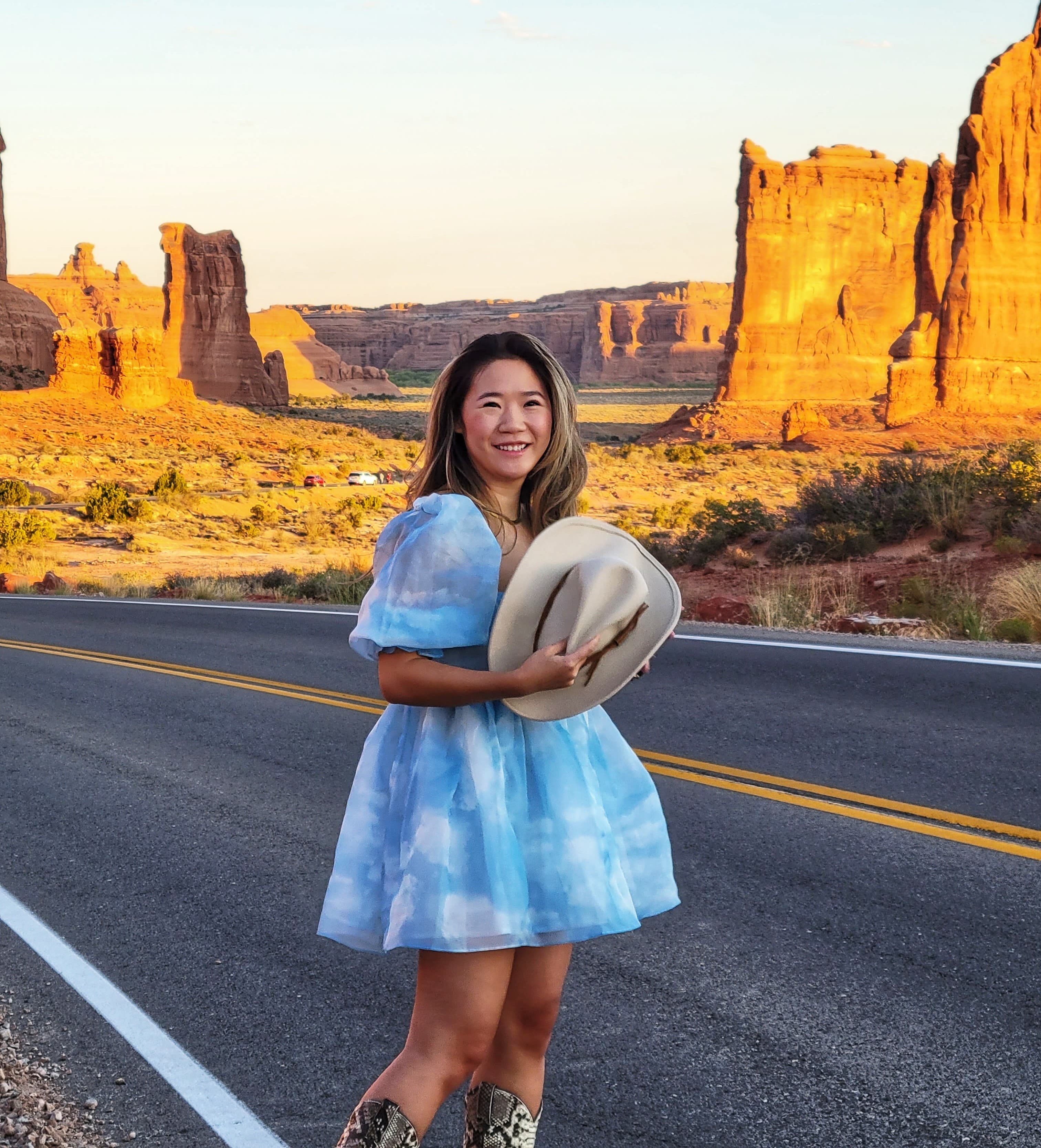 Connie on the road with an aesthetic background