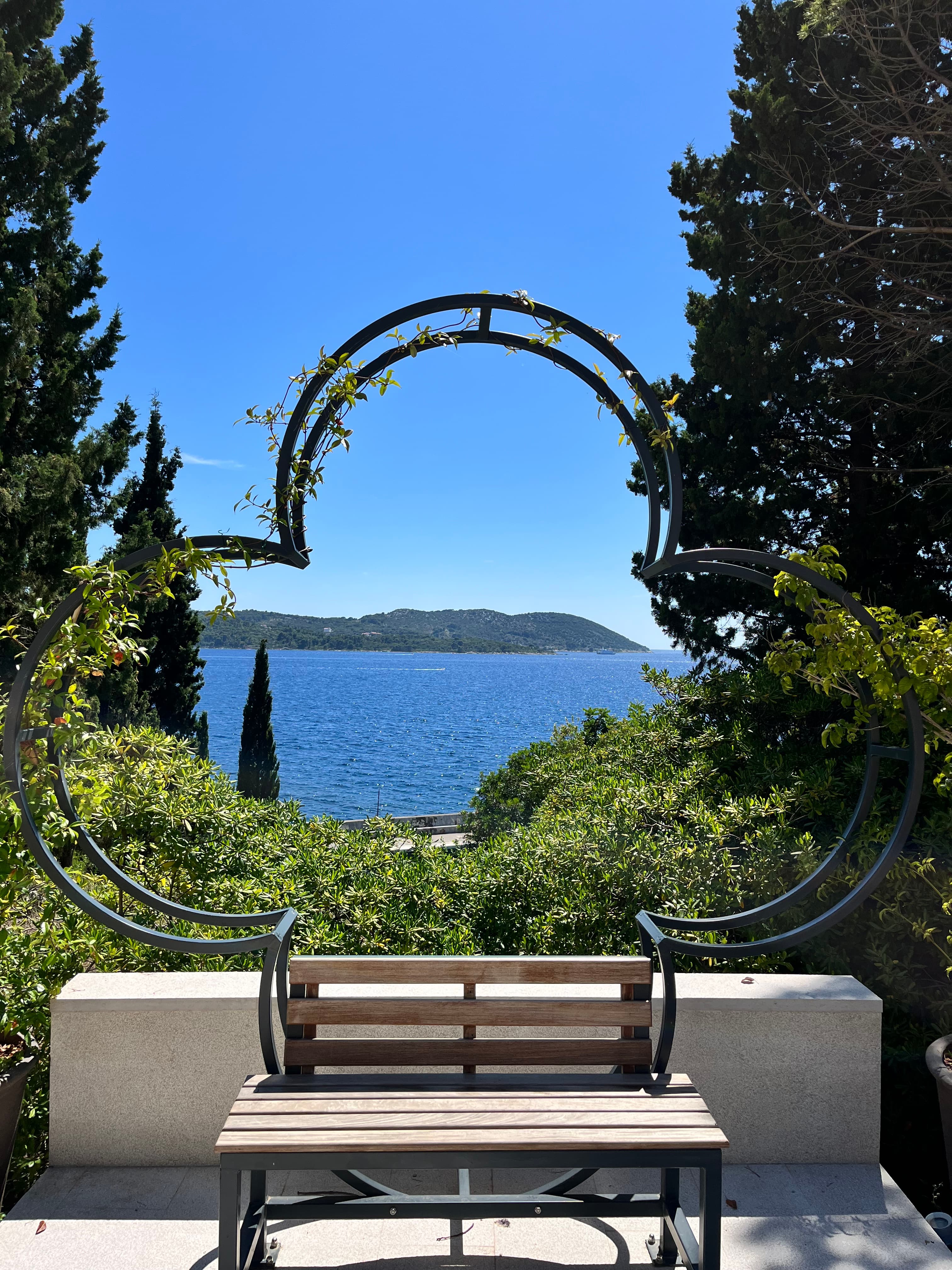 A bench with a nice framed view of the ocean