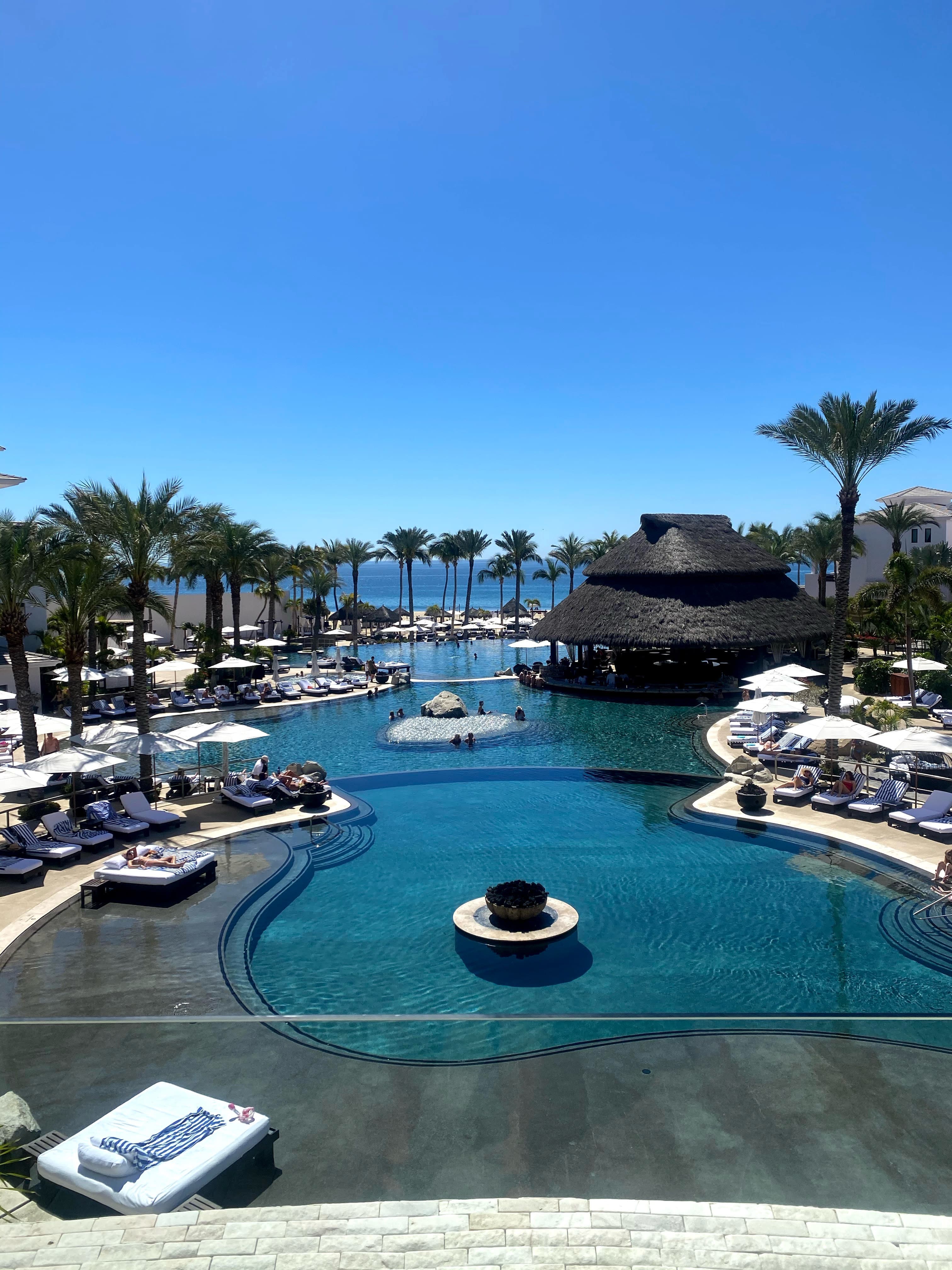A view of a swimming pool surrounded by lawn chairs and umbrellas, palm trees and a dark building