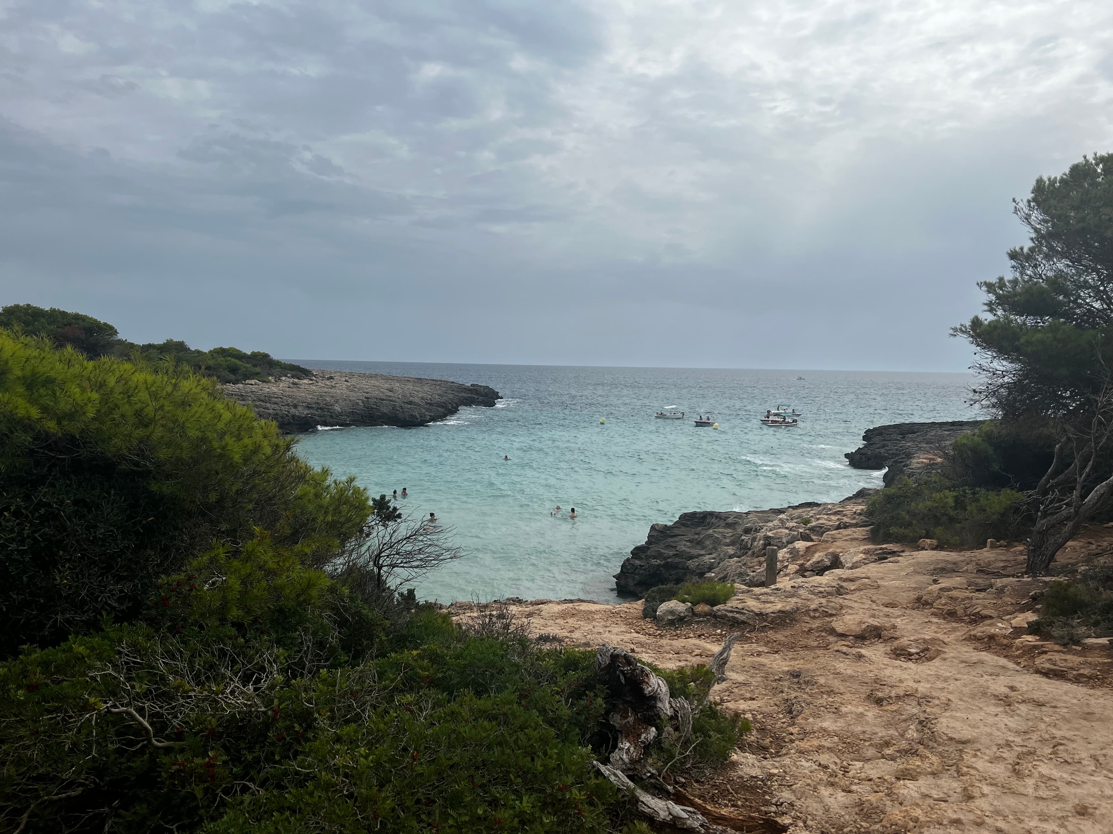 A beautiful view of Playa des Talaier beach on a cloudy day surrounded by green trees and shrubs and a dirt path.