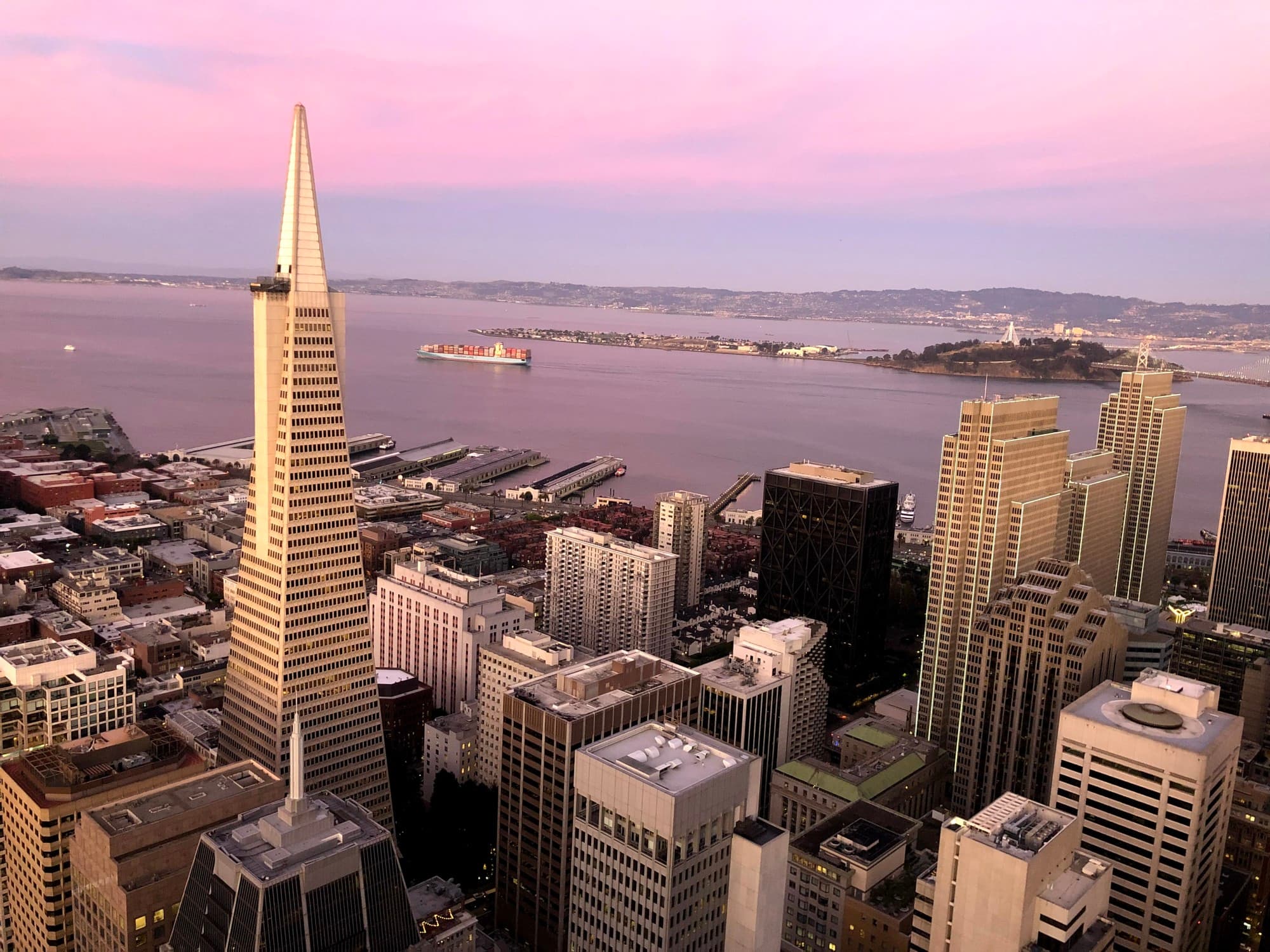 Aerial view of city skyline.