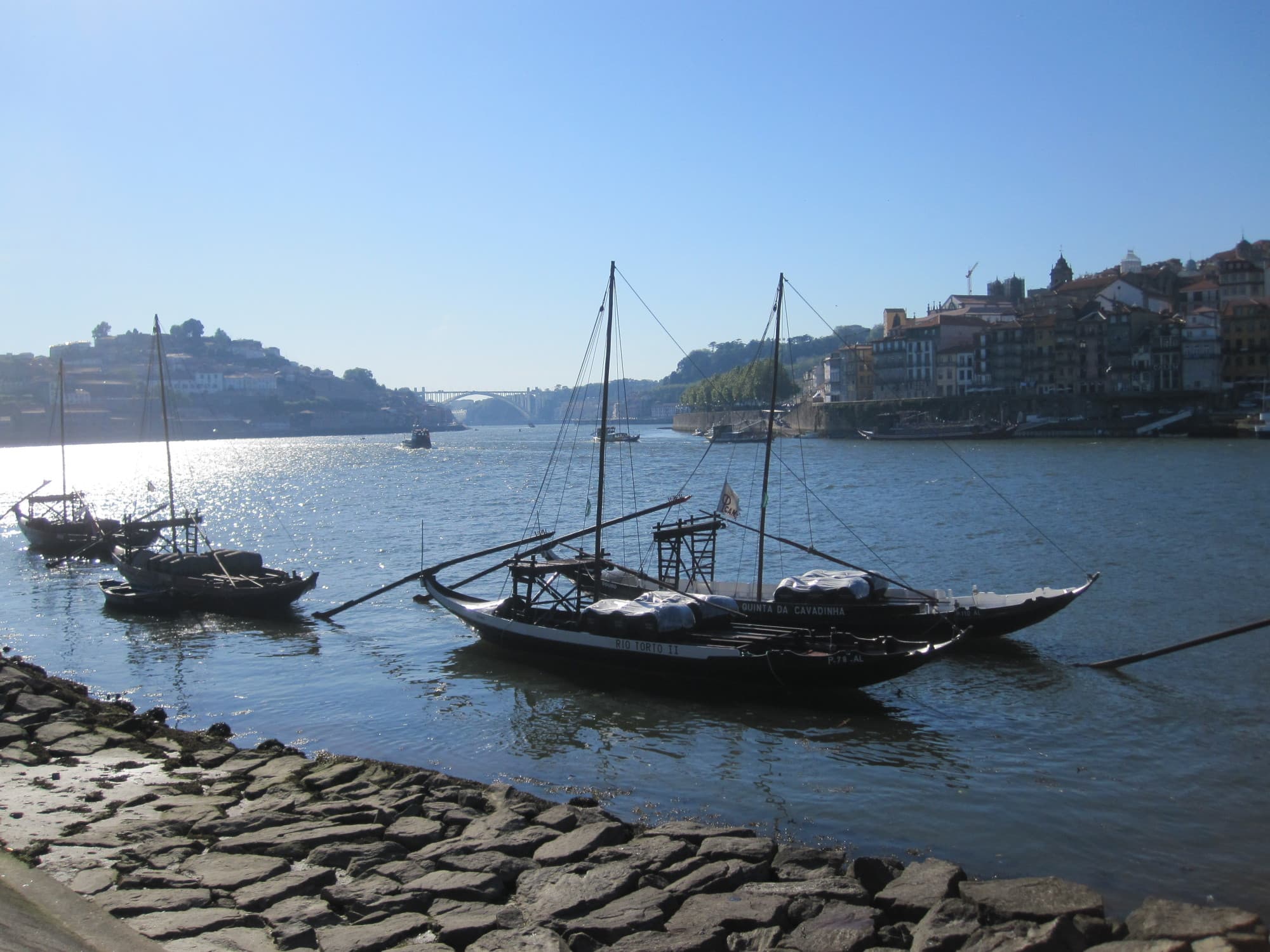 A sailboat in a harbor on a sunny day.