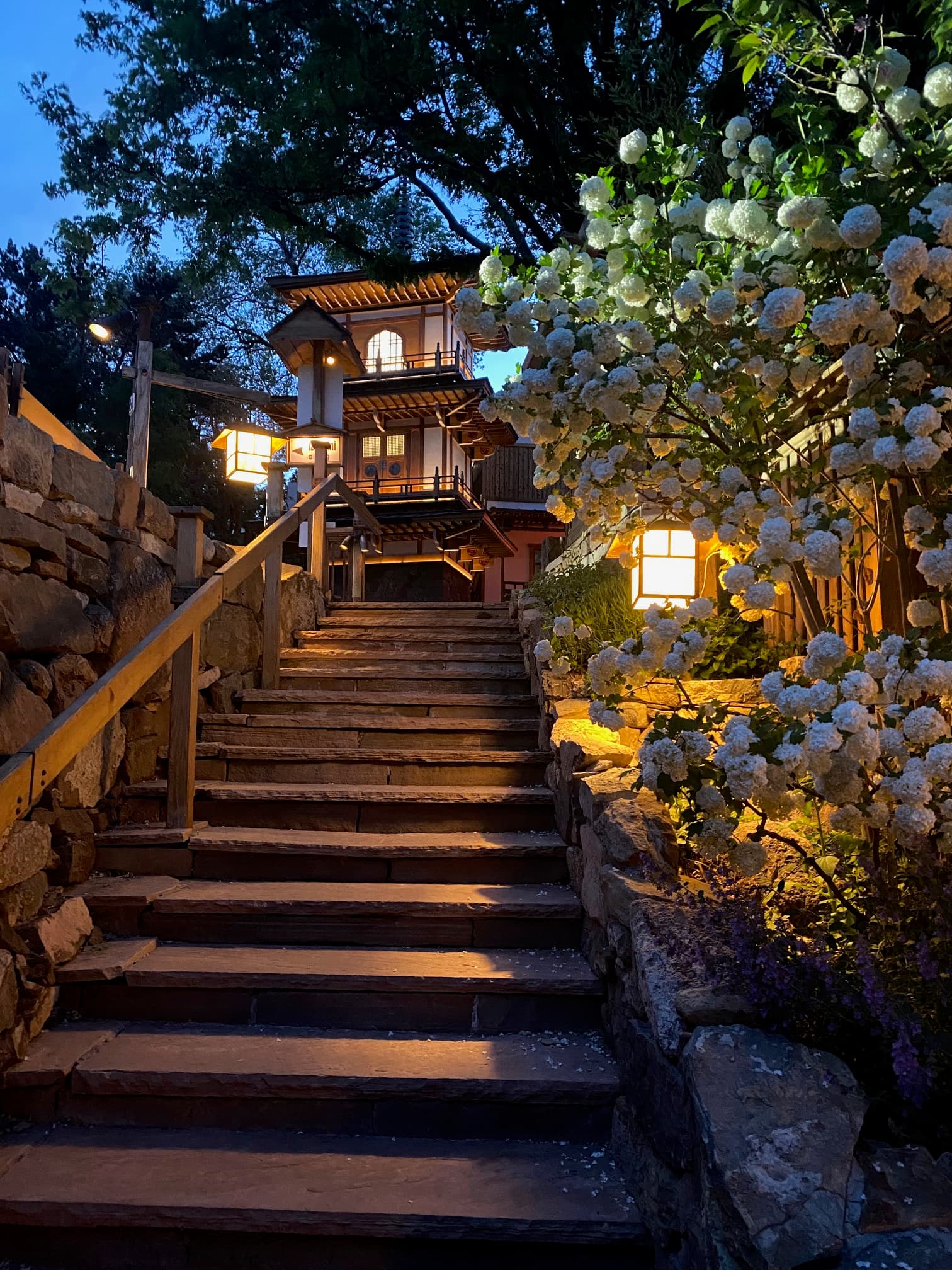 A staircase lit up at night leading to a brightly lit building.