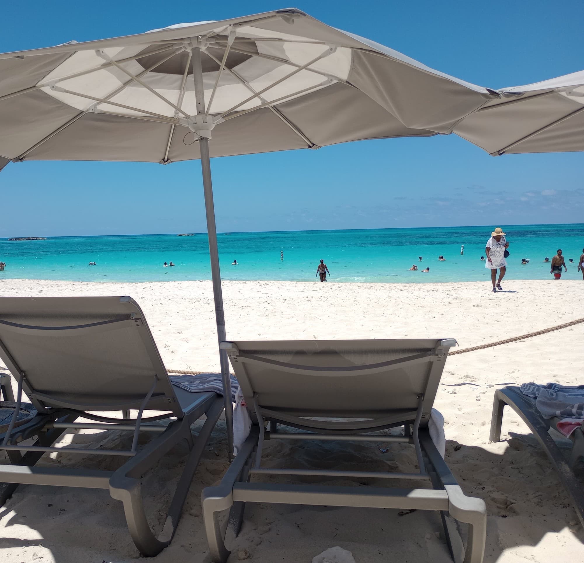 shore of a tropical beach with lounge chairs and white umbrellas