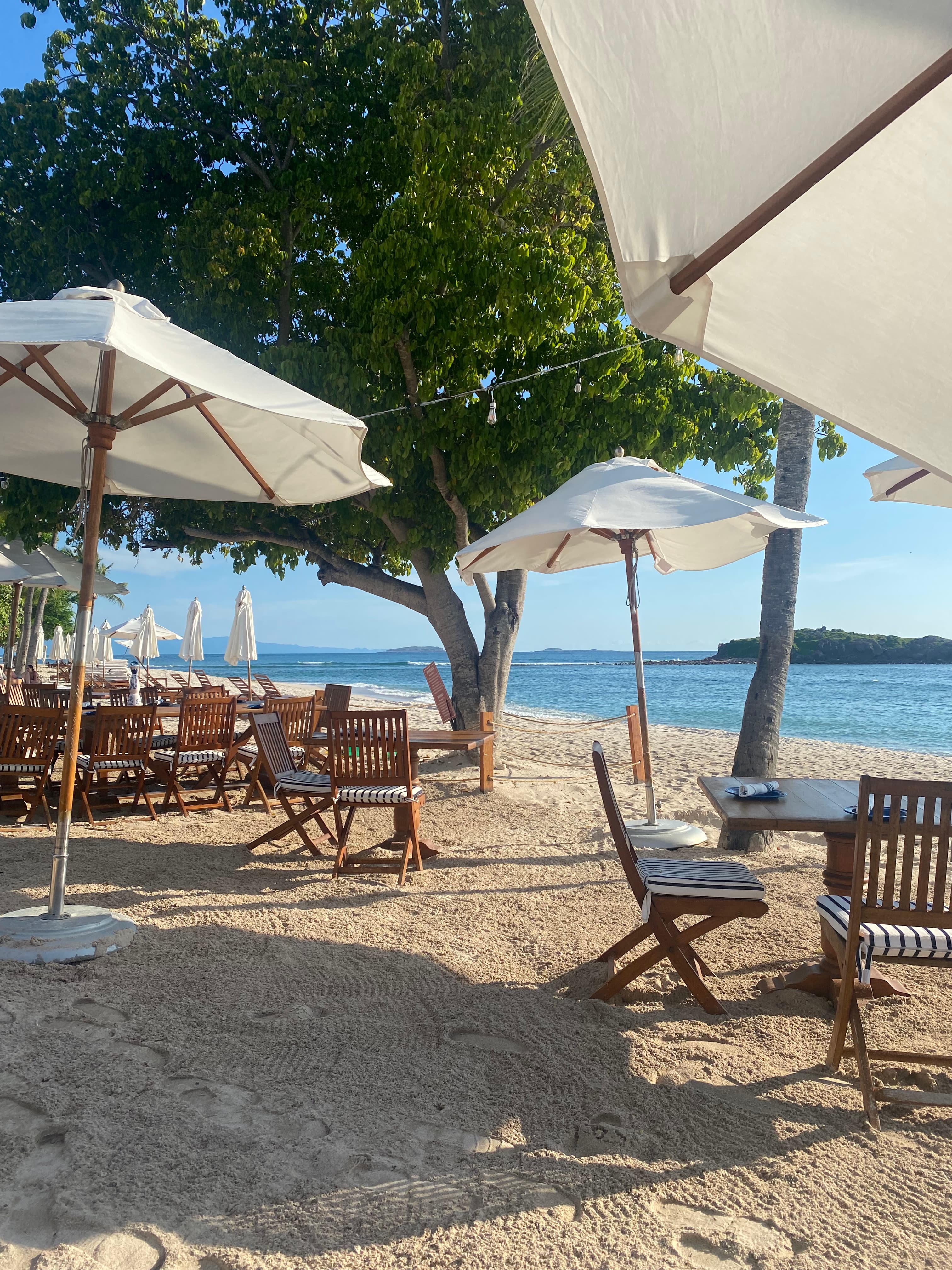 view of the beach with white umbrellas and wood sun chairs