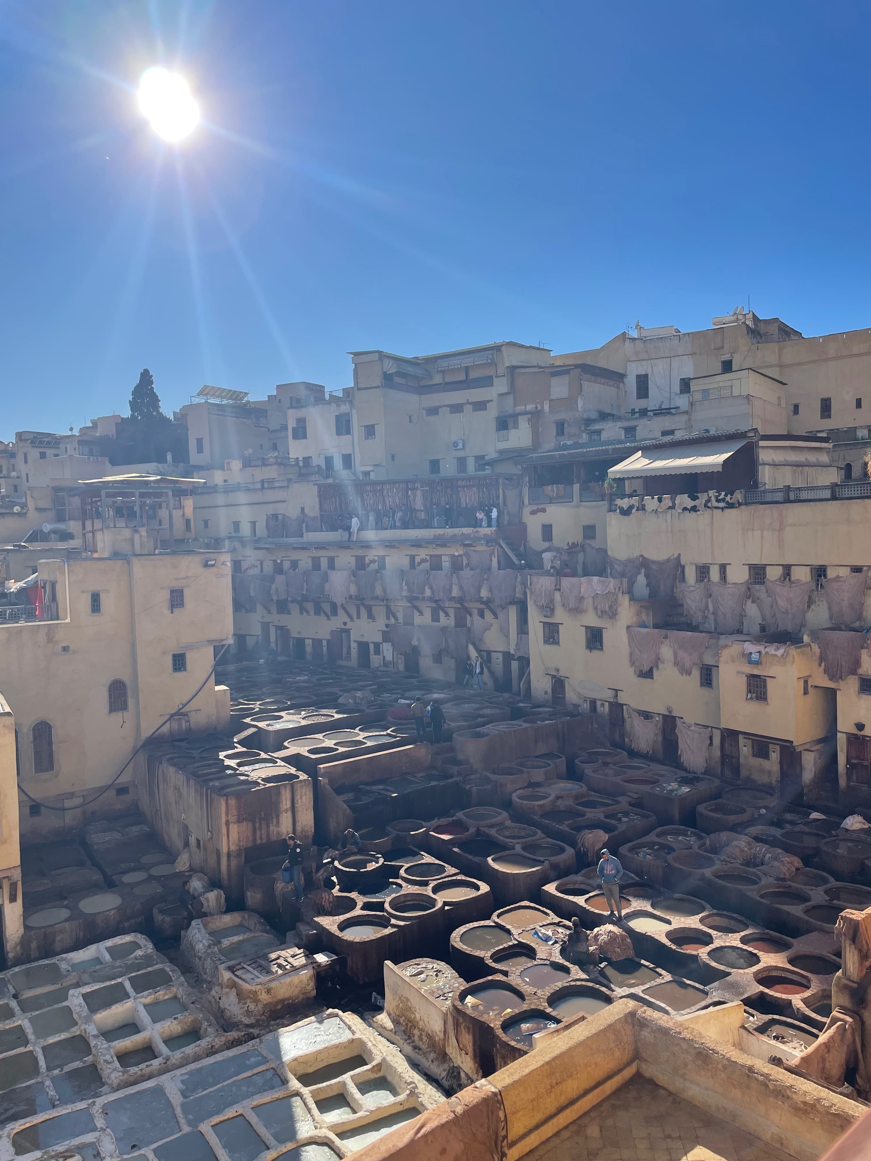 Leather tanneries in Fes on day 2 of a Morocco 7 day itinerary, with clay pits of leather tanning in a courtyard between buildings hung with hides.