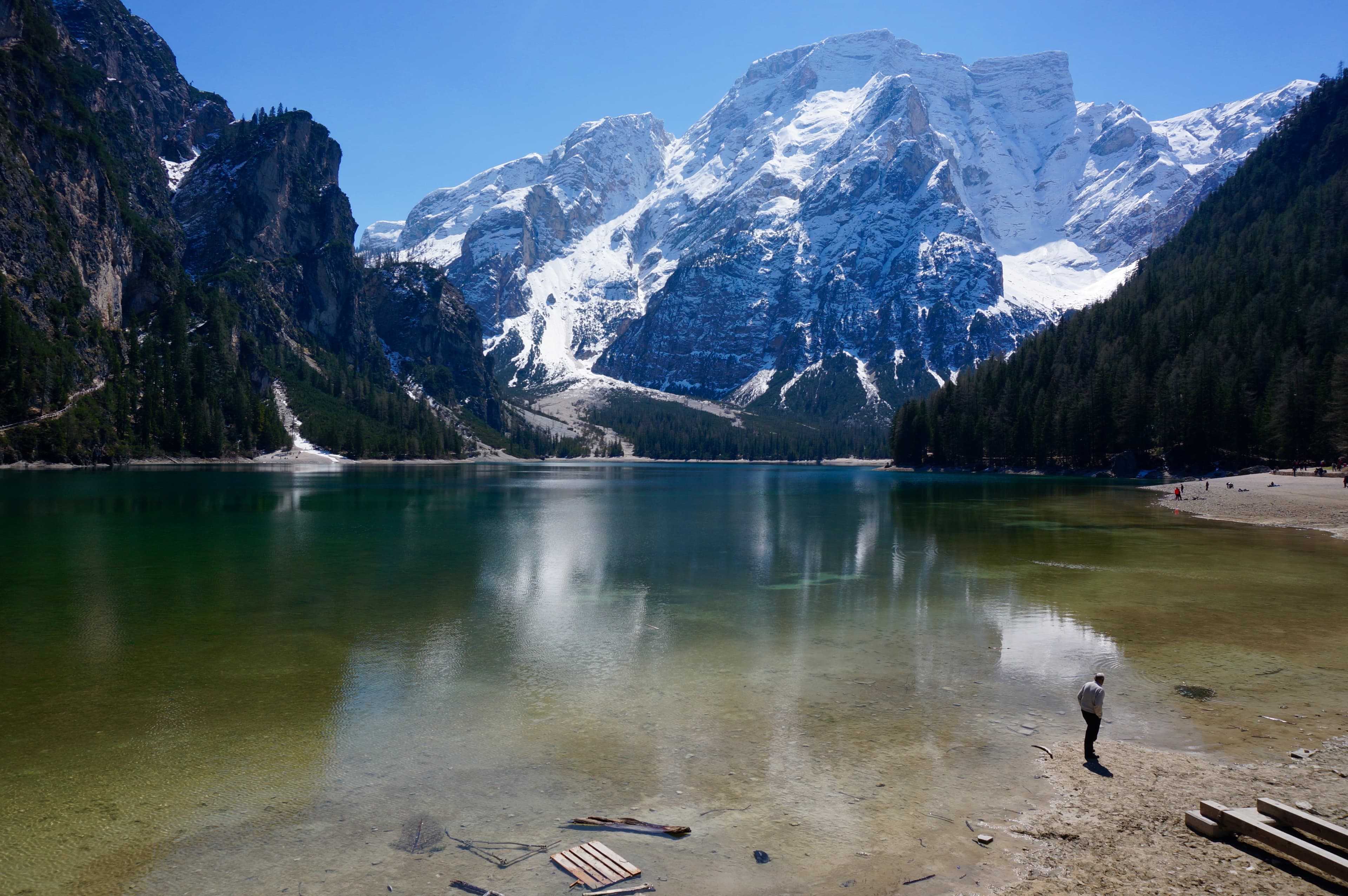 View of lake and Dolomites mountain range