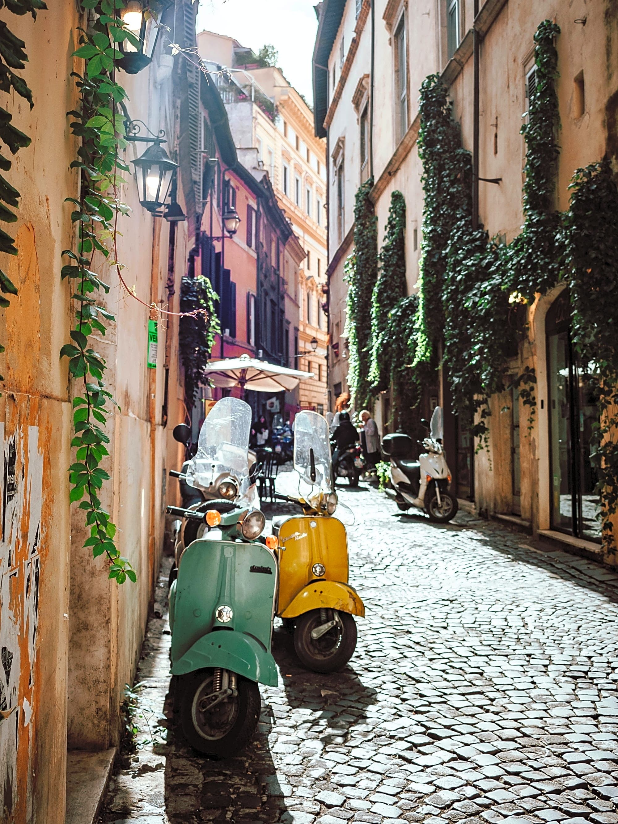 People dining at outdoor tables of a Roman restaurant, covered in green vines.