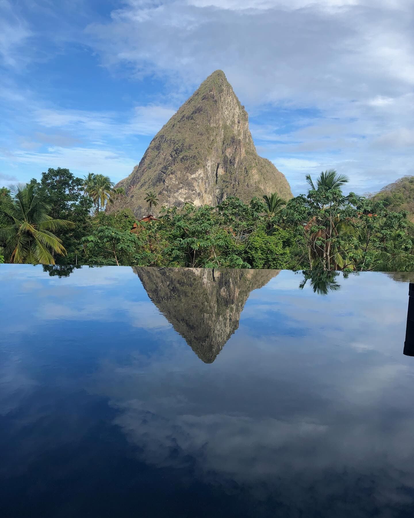 A mountain behind green trees reflected in a pond