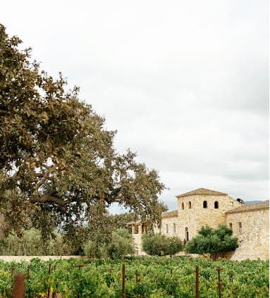 Sunstone Winery, with vineyards and trees next to a stone house