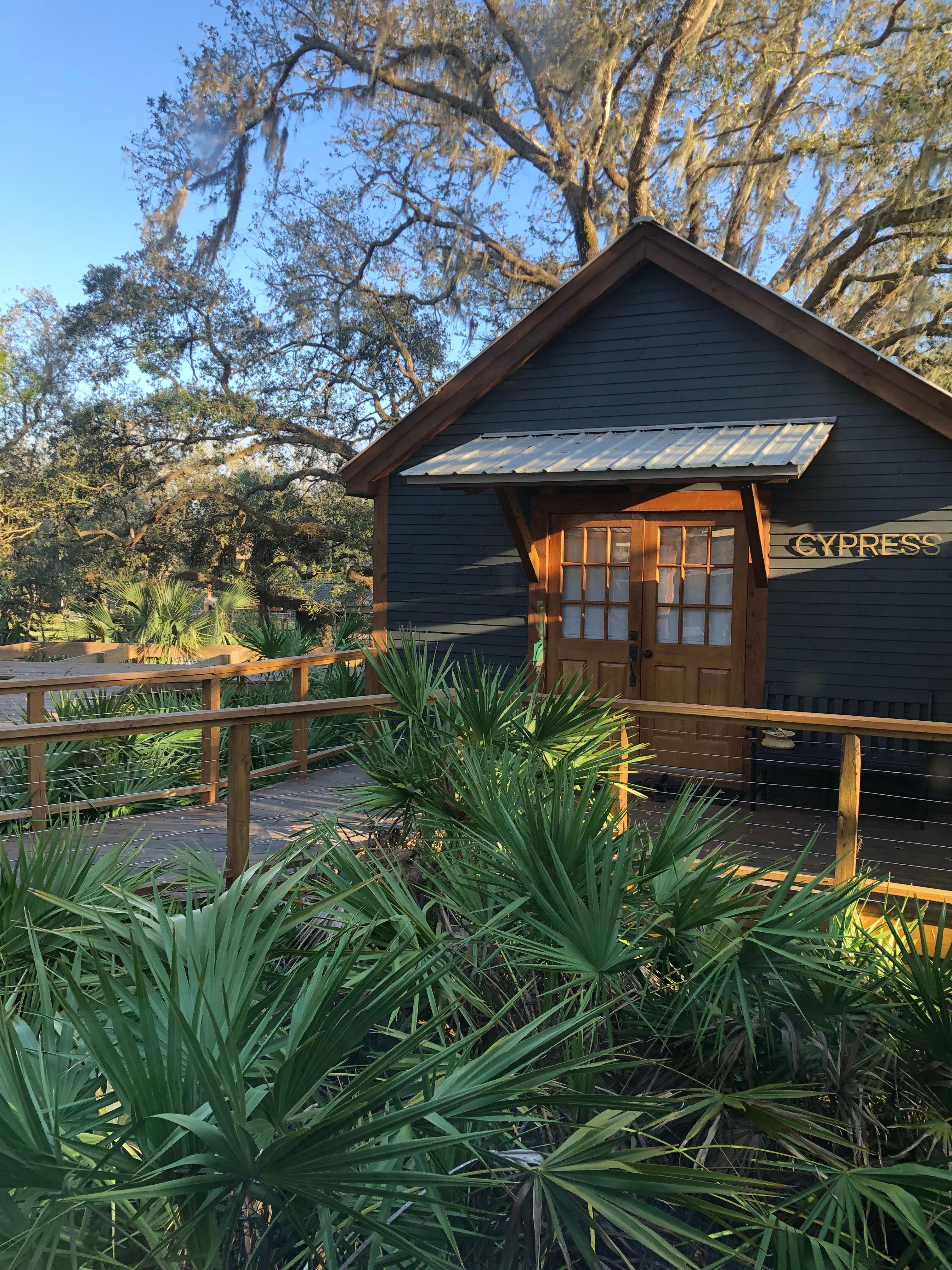 View of a small hut on a platform in the middle of a green jungle on a sunny day