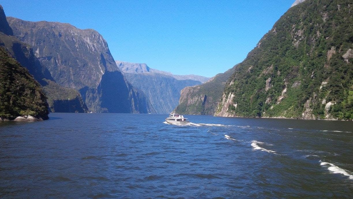 View of a boat in the fiord of Milford Sound, New Zealand surrounded by green mountains