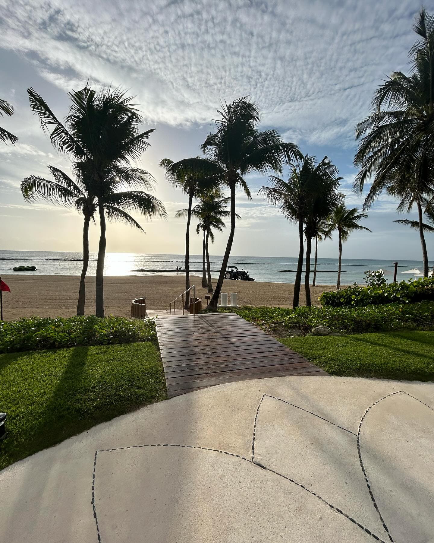 A photo of a boardwalk leading up to a beach lined with palm trees.