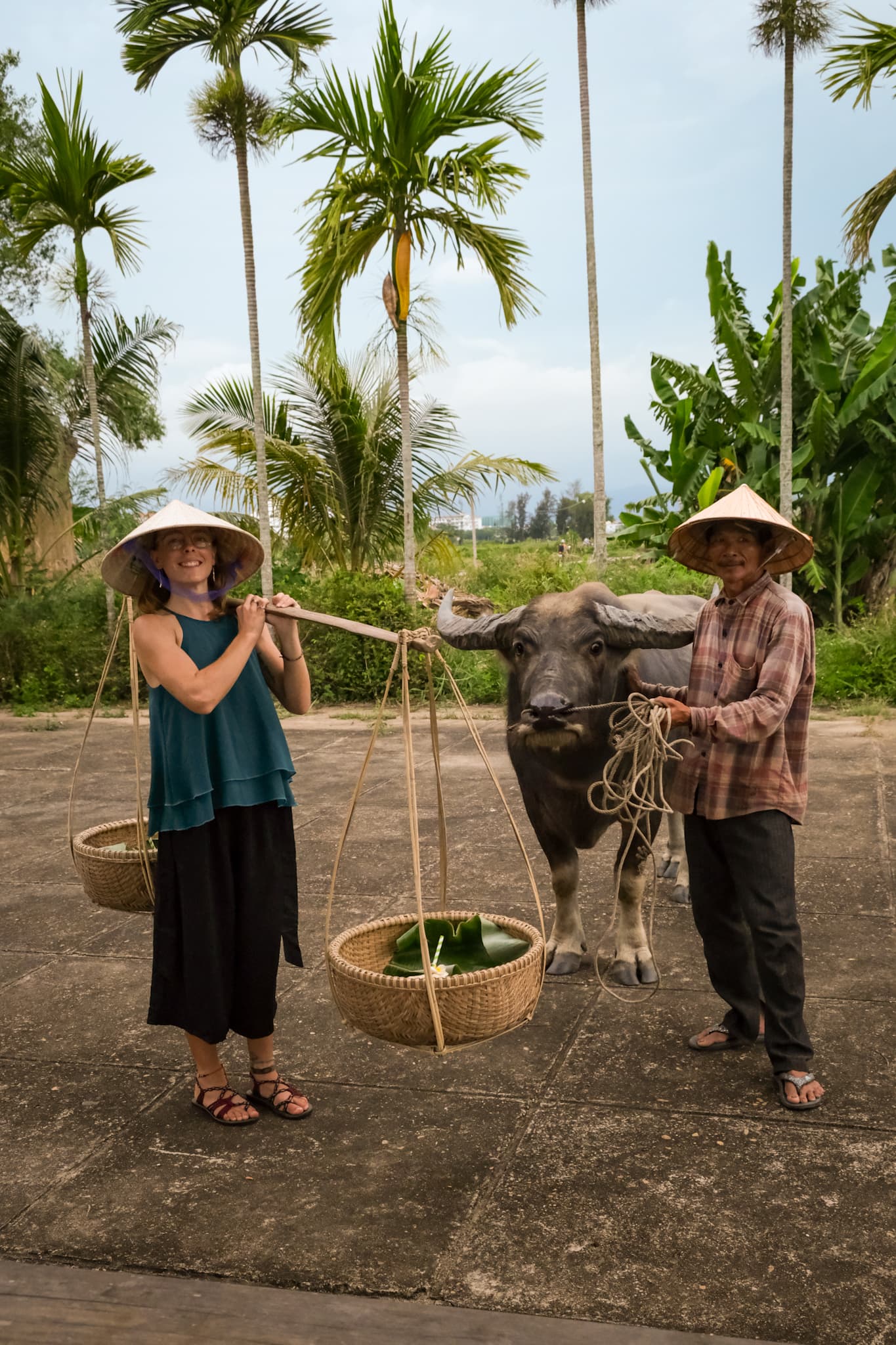 Advisor posing for an image with a bull and a farmer in a tropical region with palm trees in the distance.