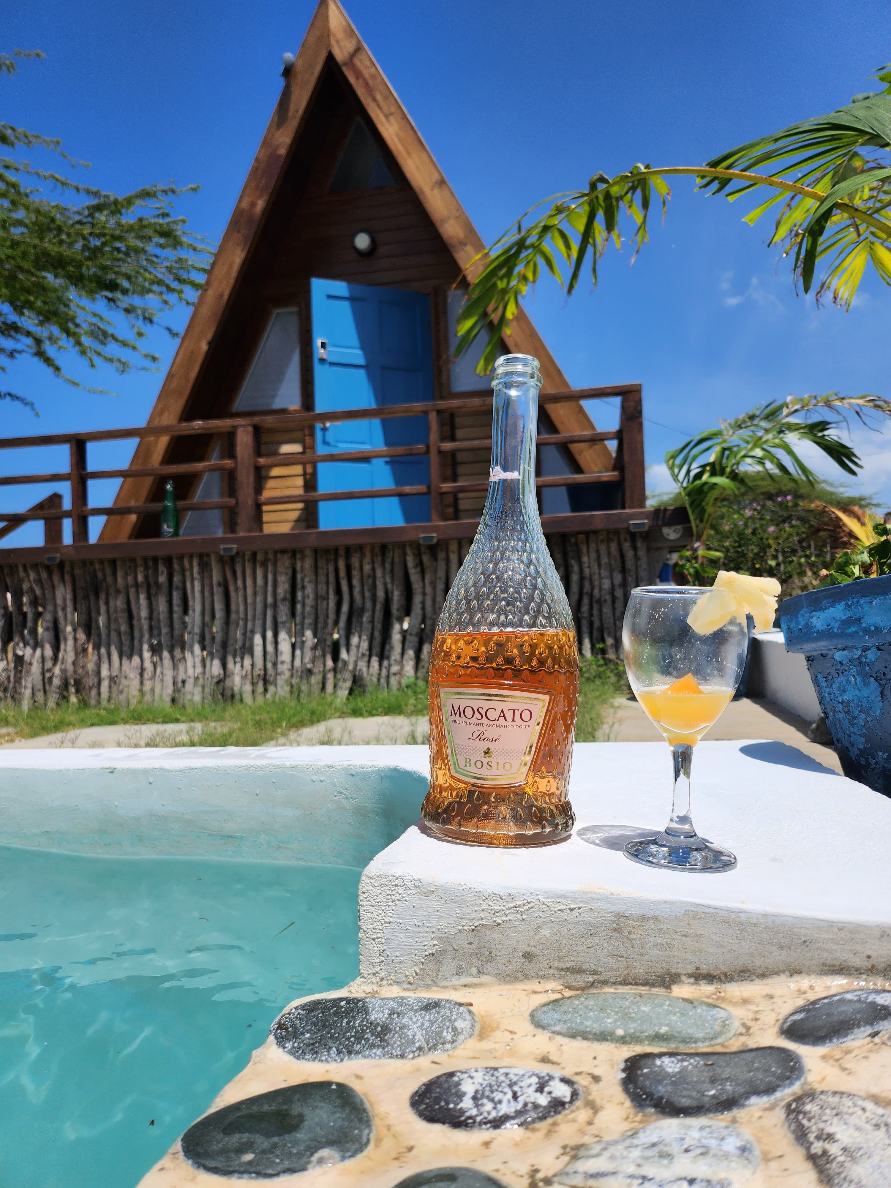 A bottle of wine and a glass sitting on a table with a pool in the distance on a sunny day.