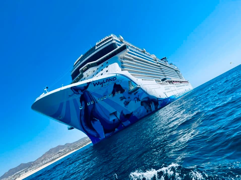 A large cruise ship sailing through a deep blue ocean.