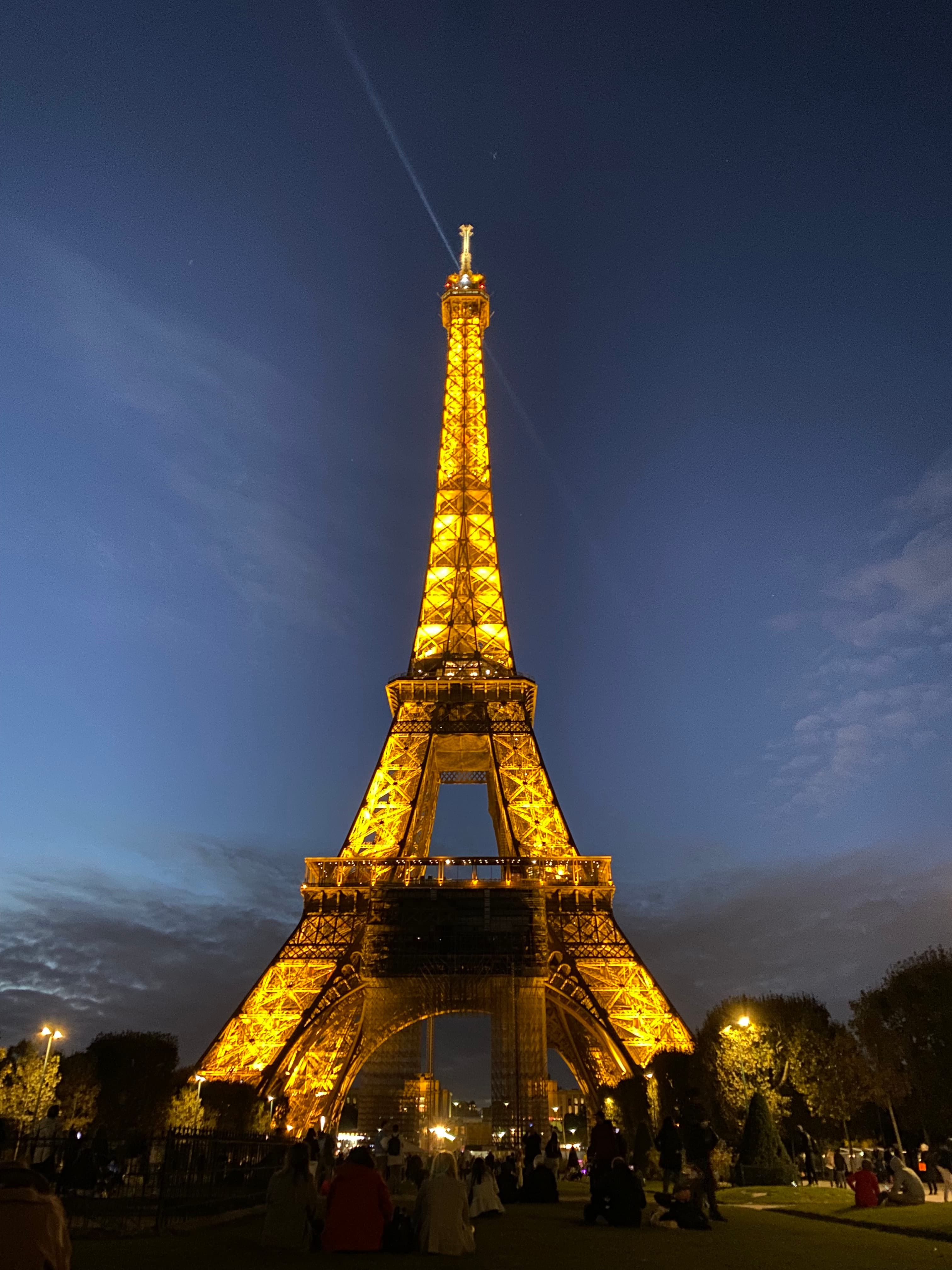 The Eiffel Tower at night in Paris.