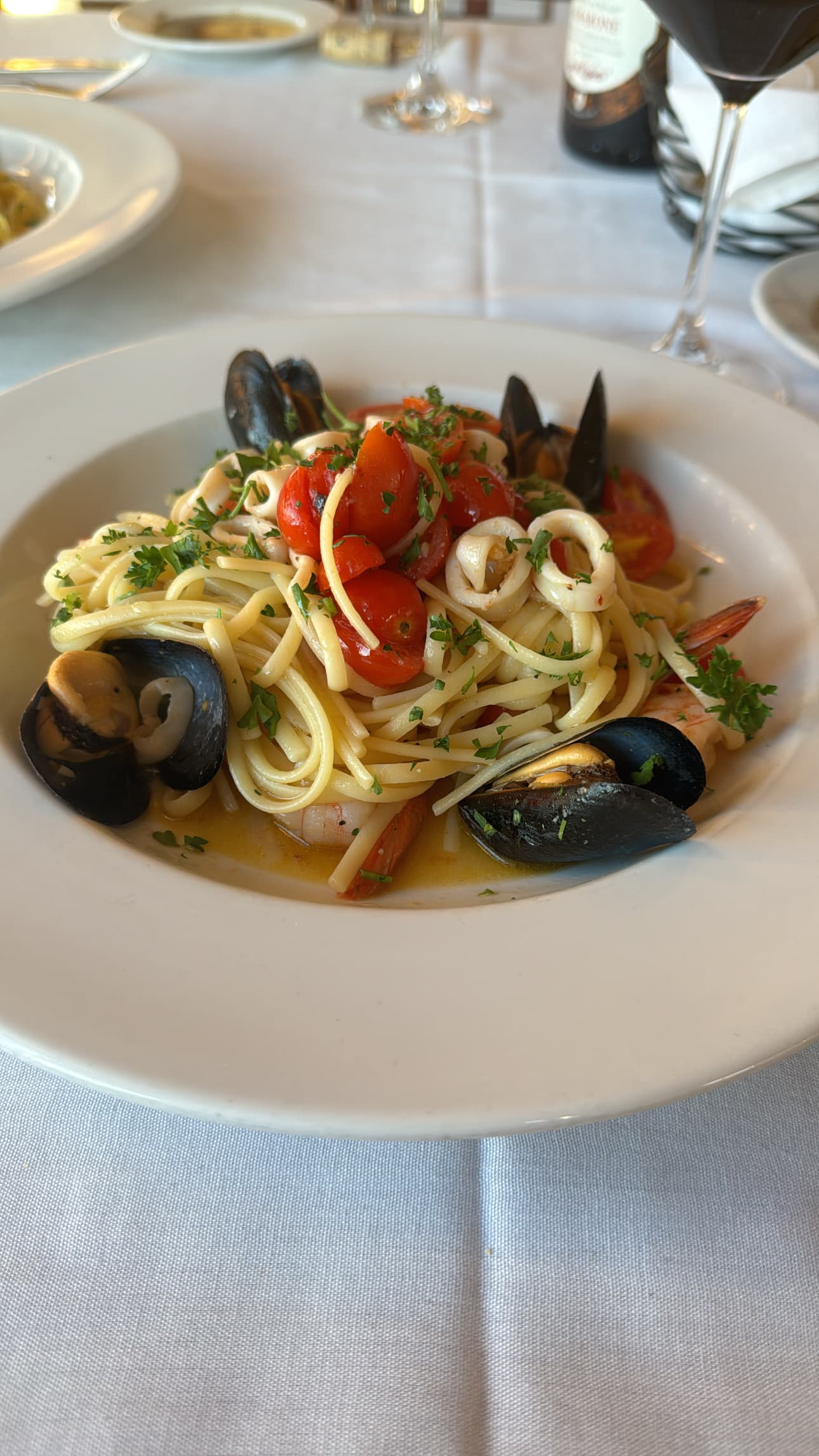 A pasta dish with seafood.