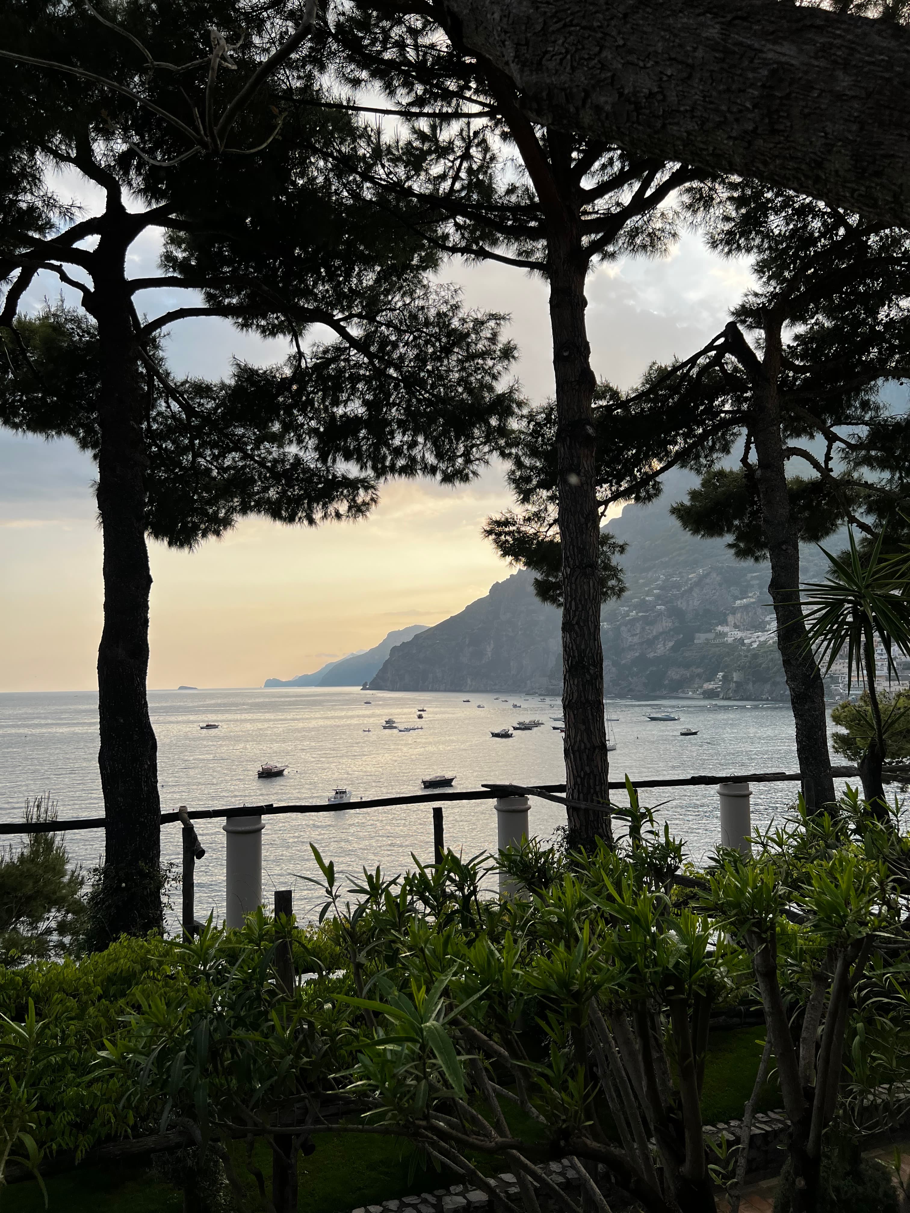 View of the sea with small boats offshore with trees in the foreground at sunset