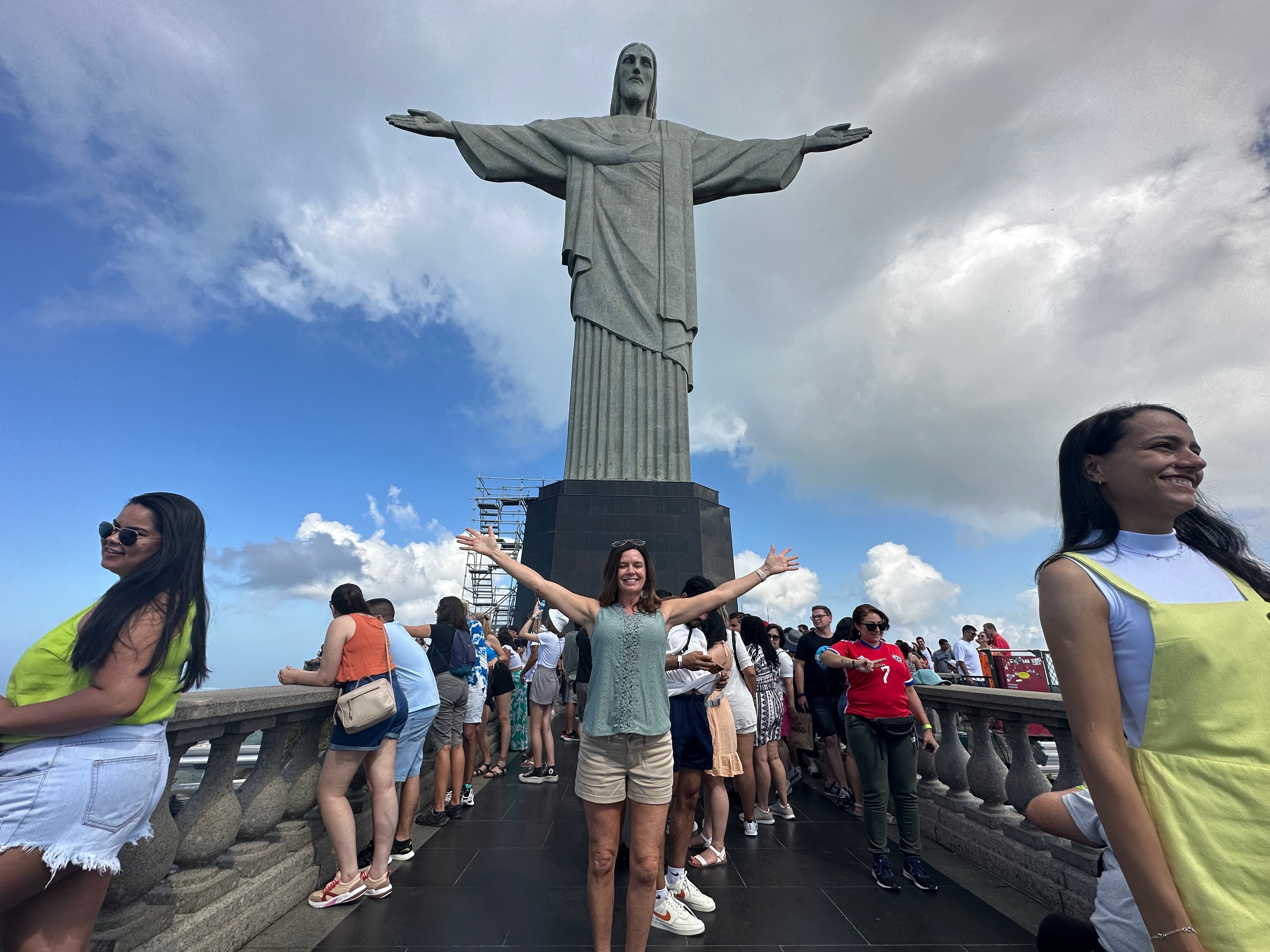 In front of a landmark.