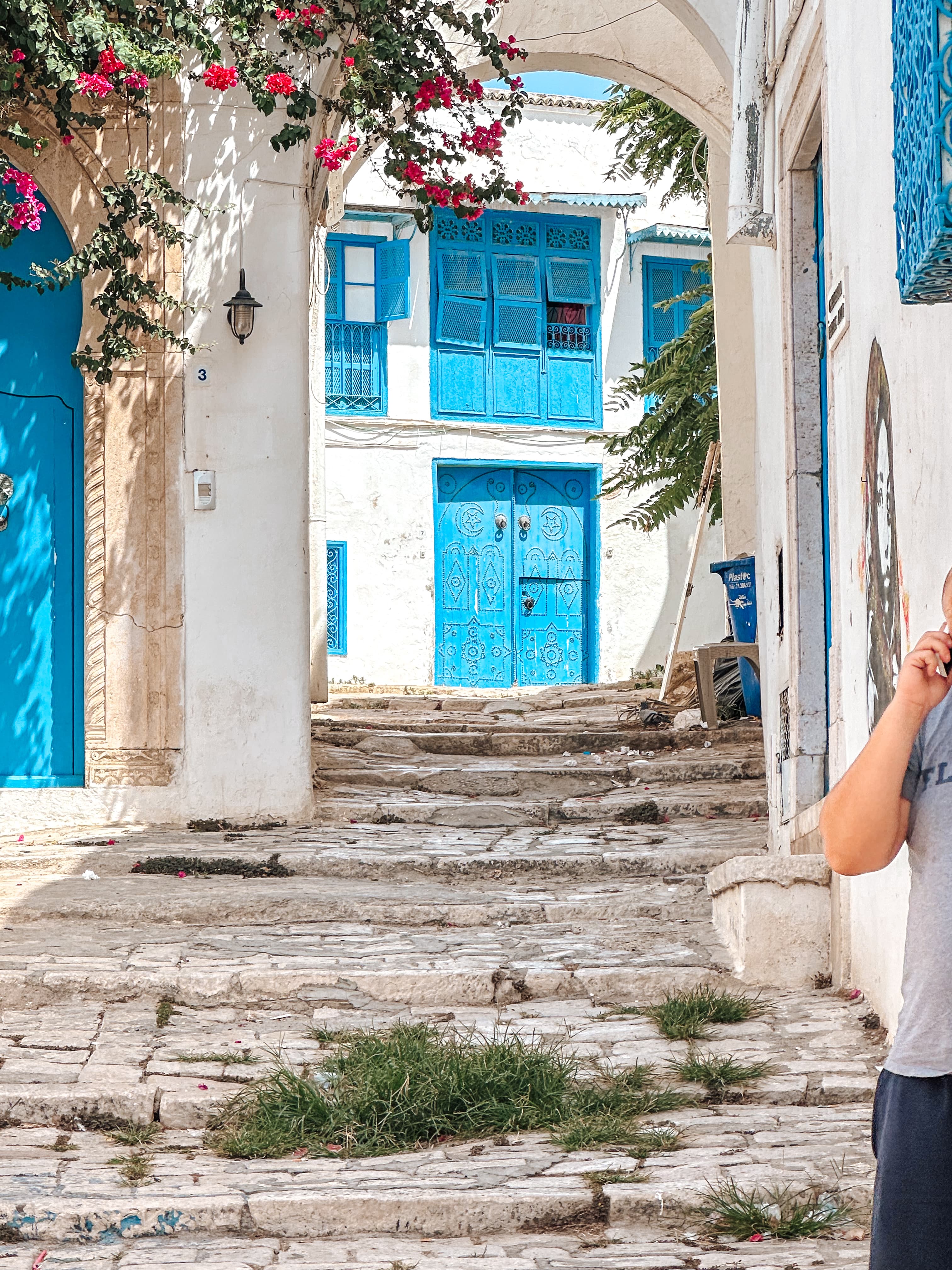 View of stone steps leading upwards towards a blue door and white-washed buildings