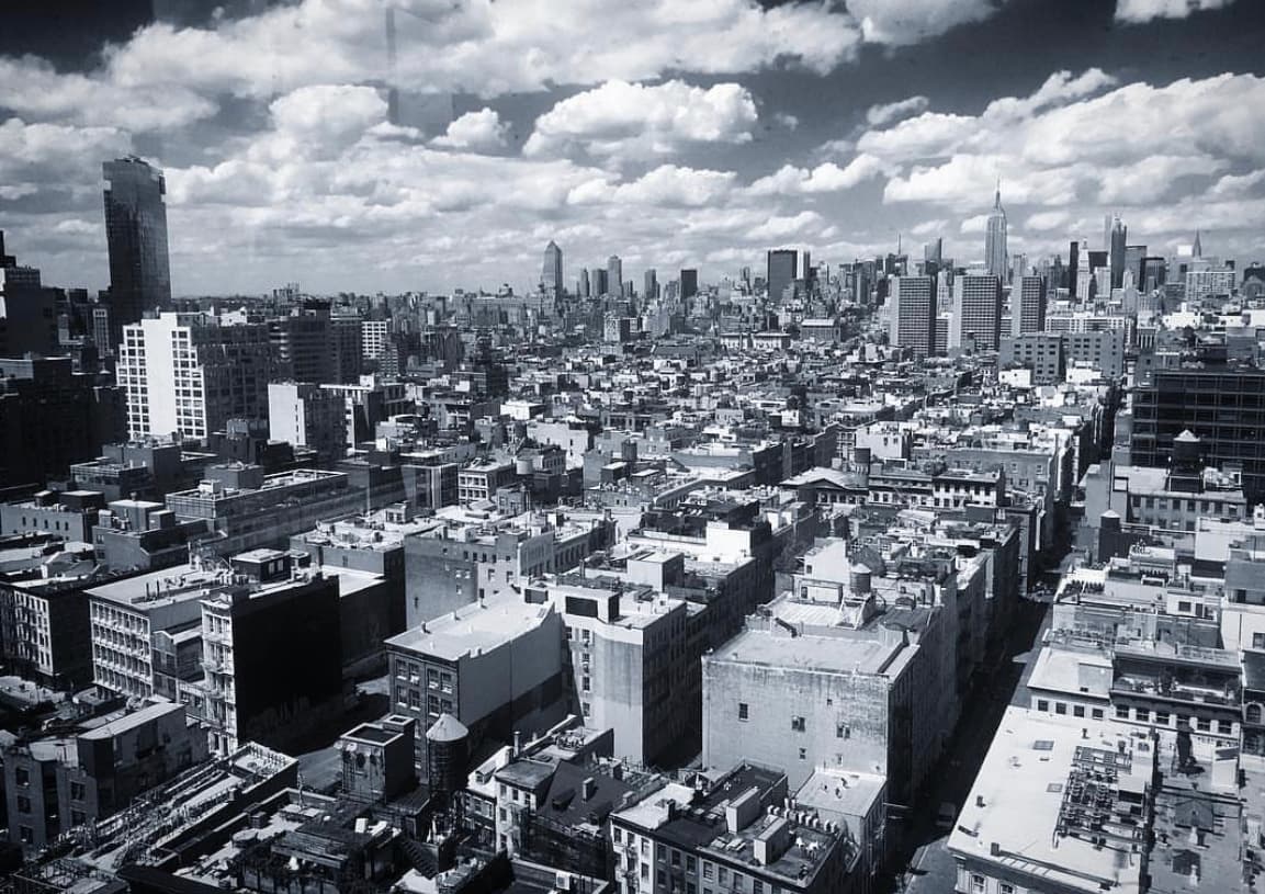 Black and white image of an aerial view of the NYC skyline