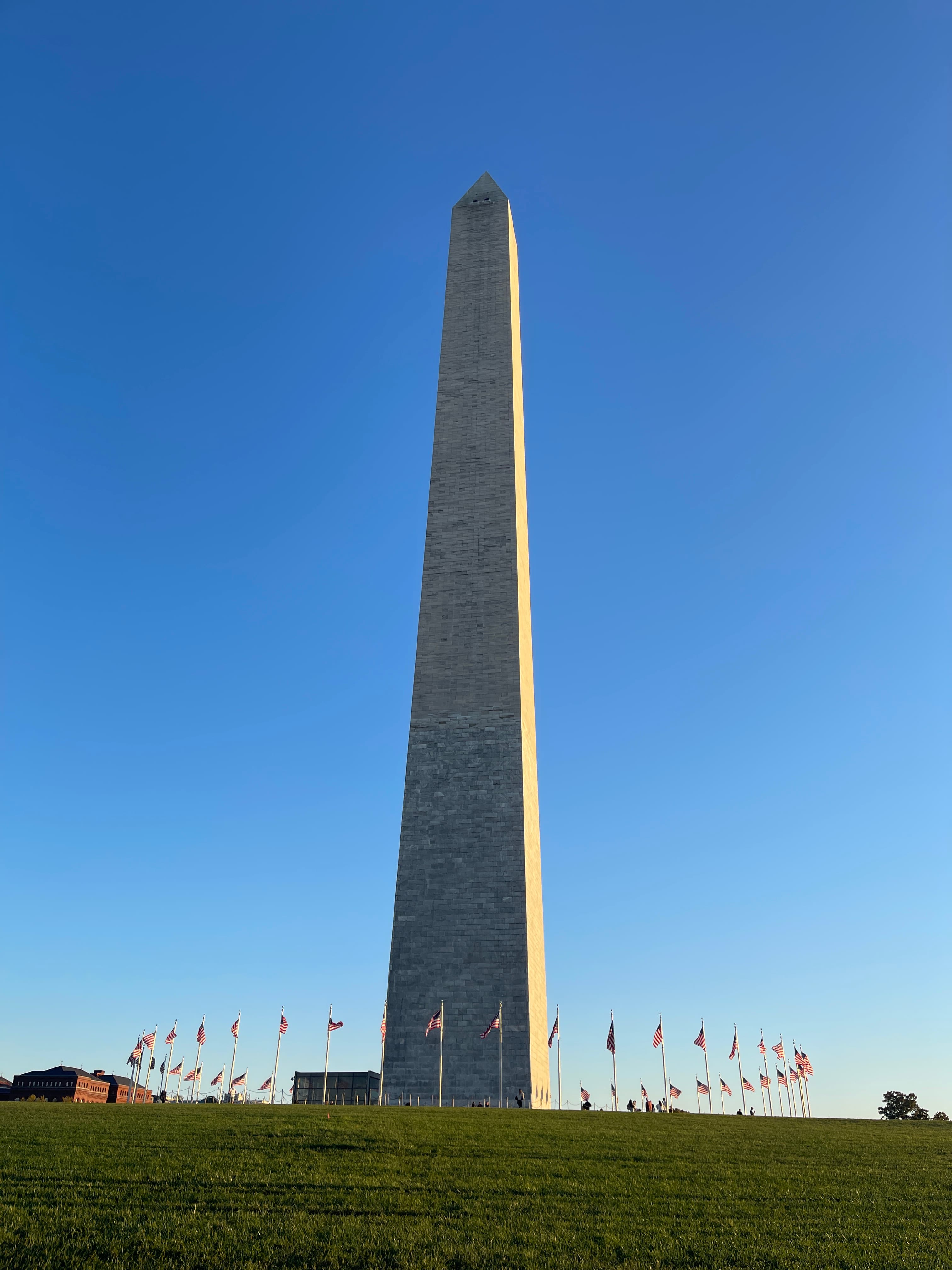 Close up view of the Washington Monument with small flags in a circular at its base on a clear day