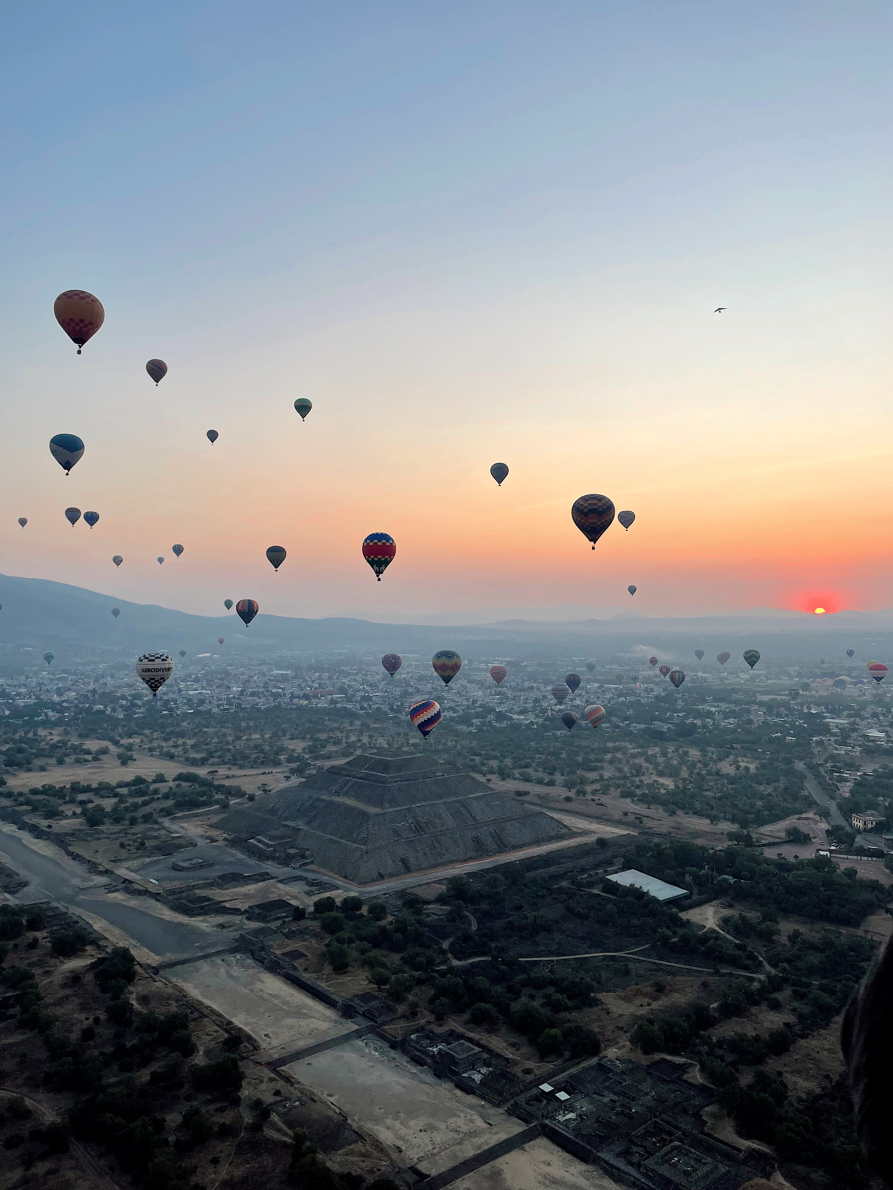 View of dozens of hot air balloons floating in the sky at sunrise