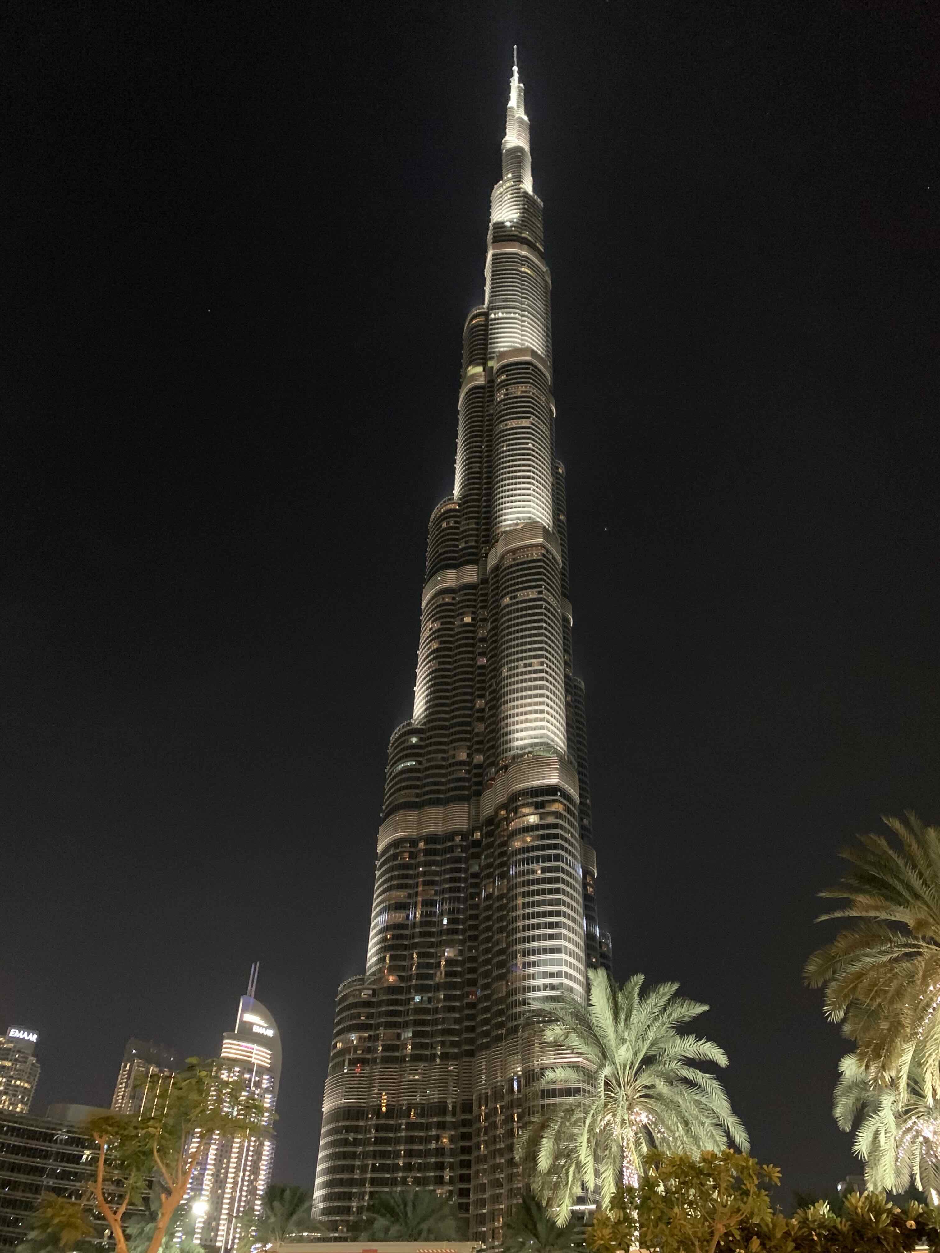 View of a very tall skyscraper lit up at night