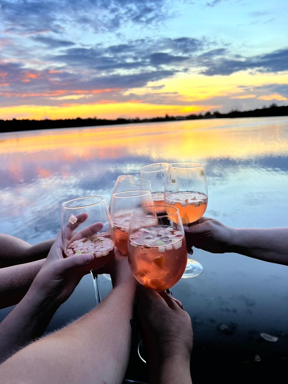 Four individuals toast with wine glasses against a picturesque sunset over a serene lake.