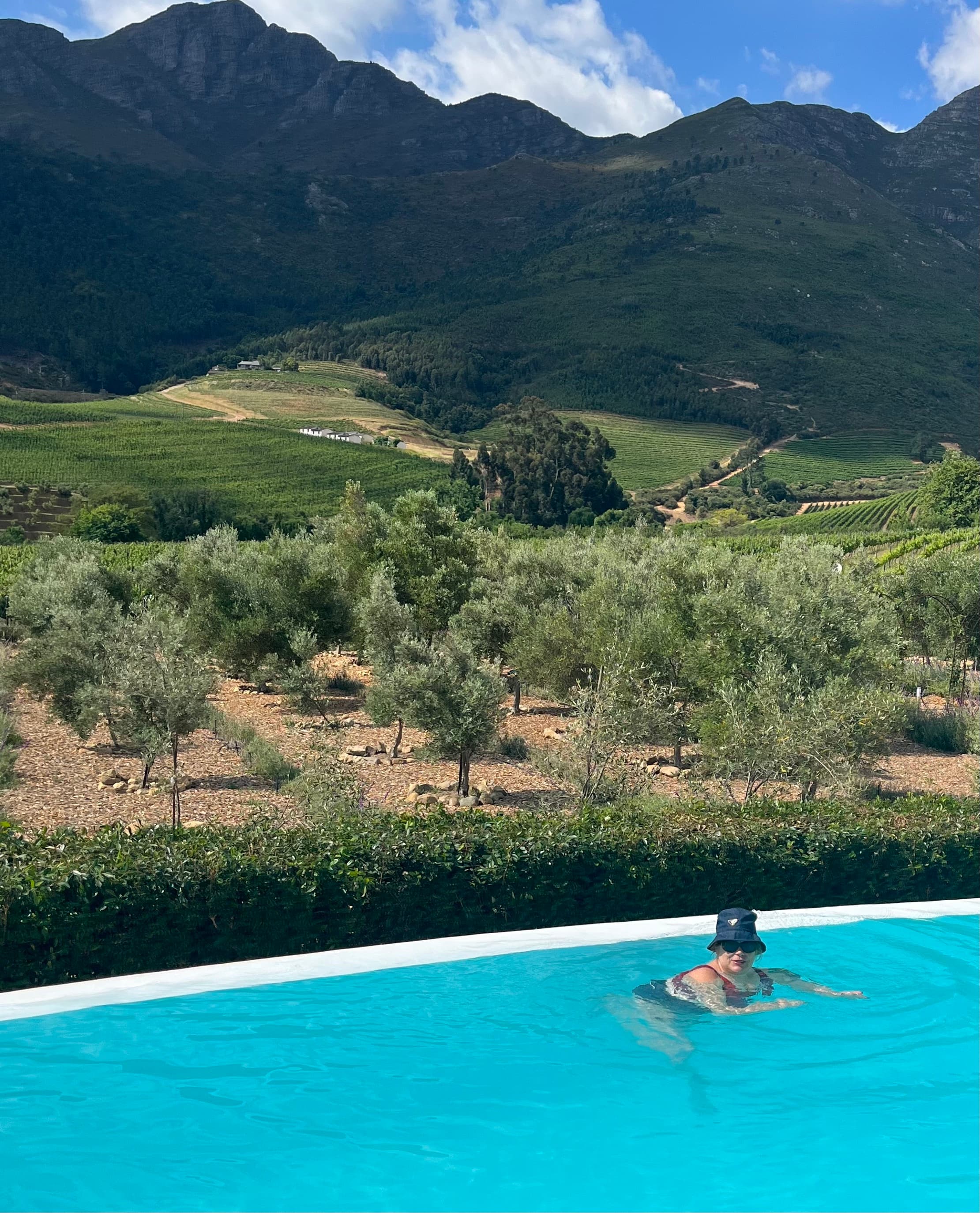 A person swims in a serene pool, with stunning mountains in the background.