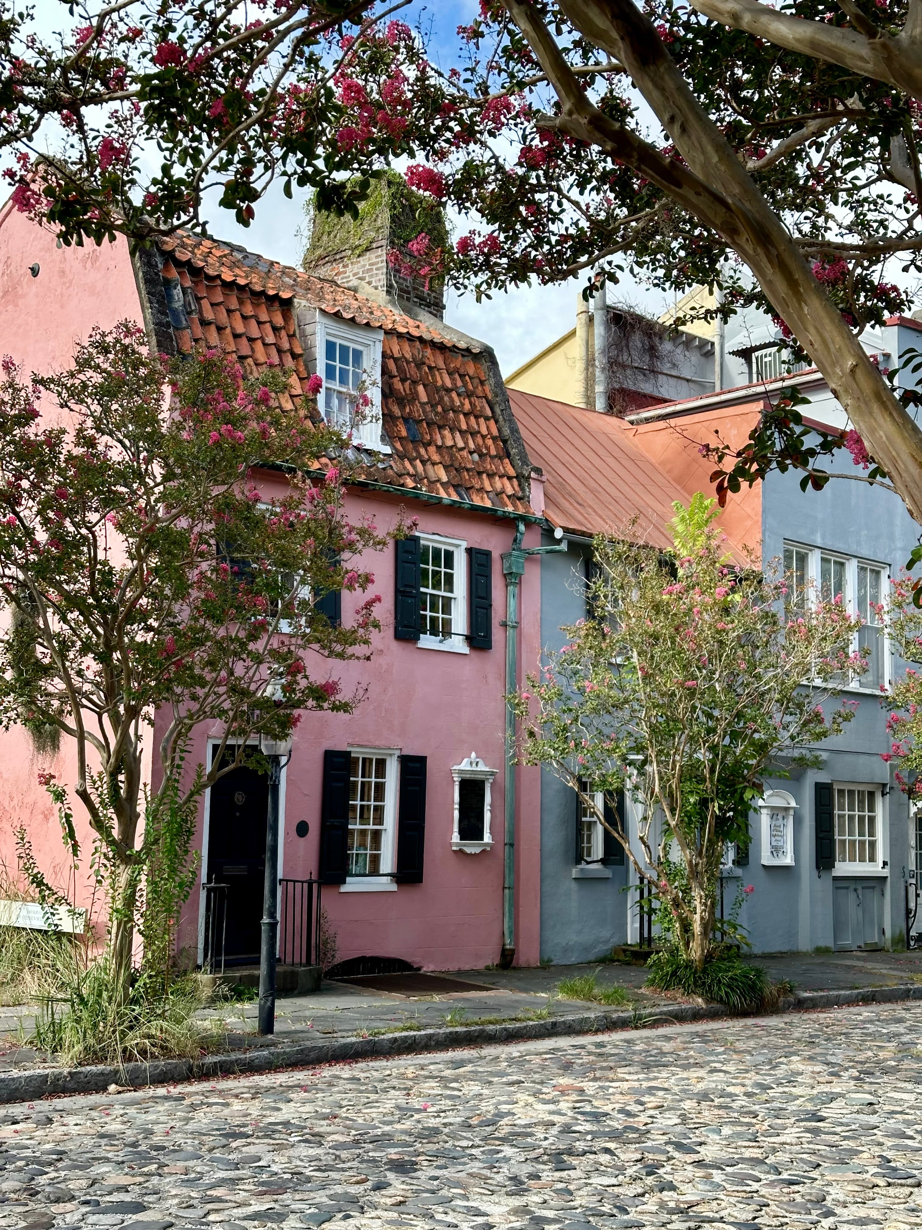 A picturesque row of pink houses lining a charming cobblestone street, showcasing vibrant colors and quaint architecture.