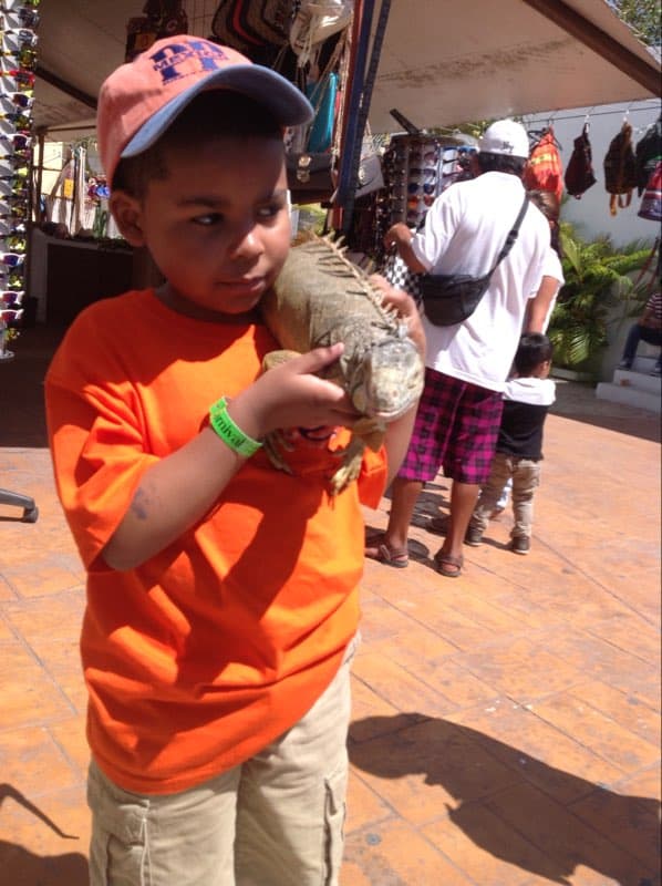 Boy in orange shirt holding a lizard outdoors during the daytime.