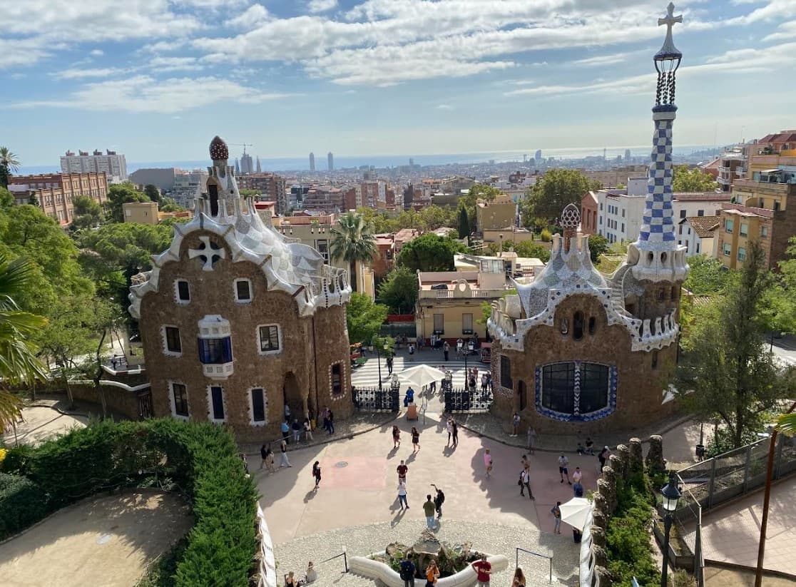 View of buildings and tourists on a sunny day in Barcelona