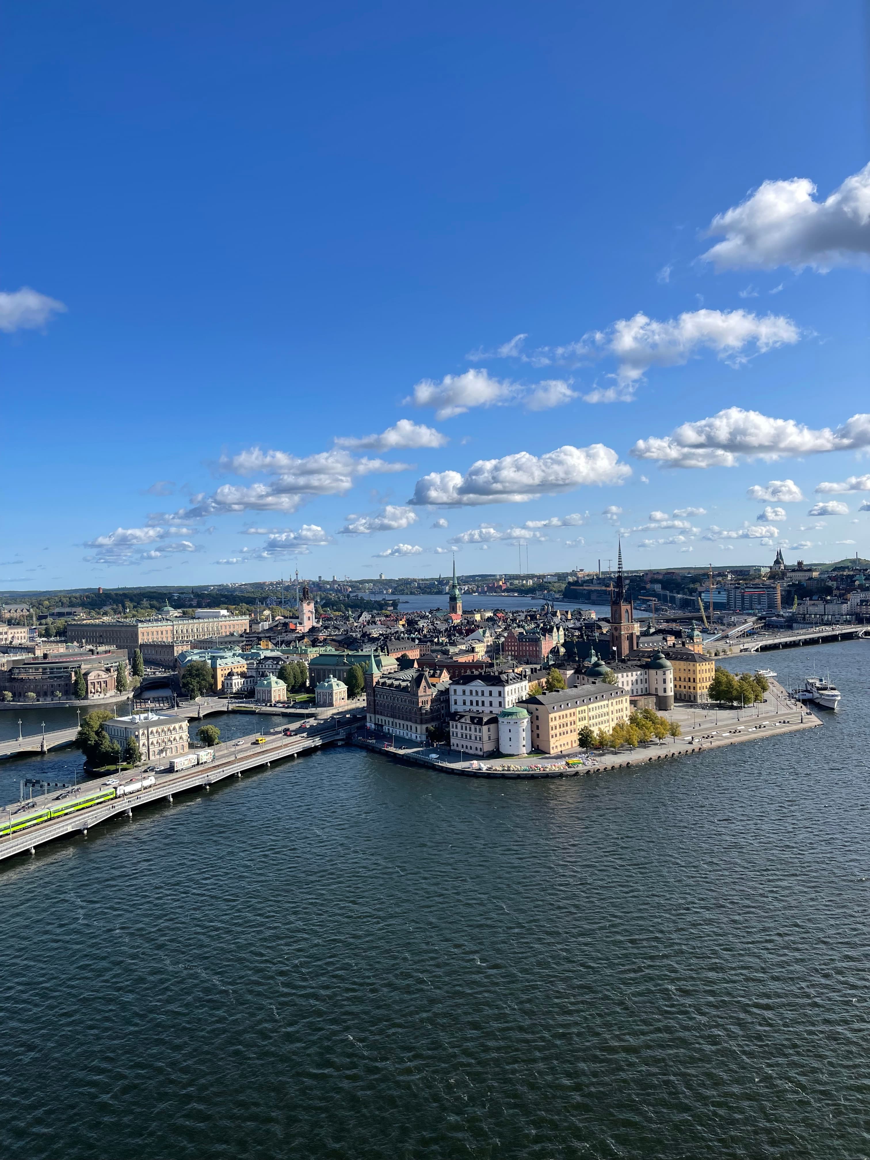 blue skies over the water.