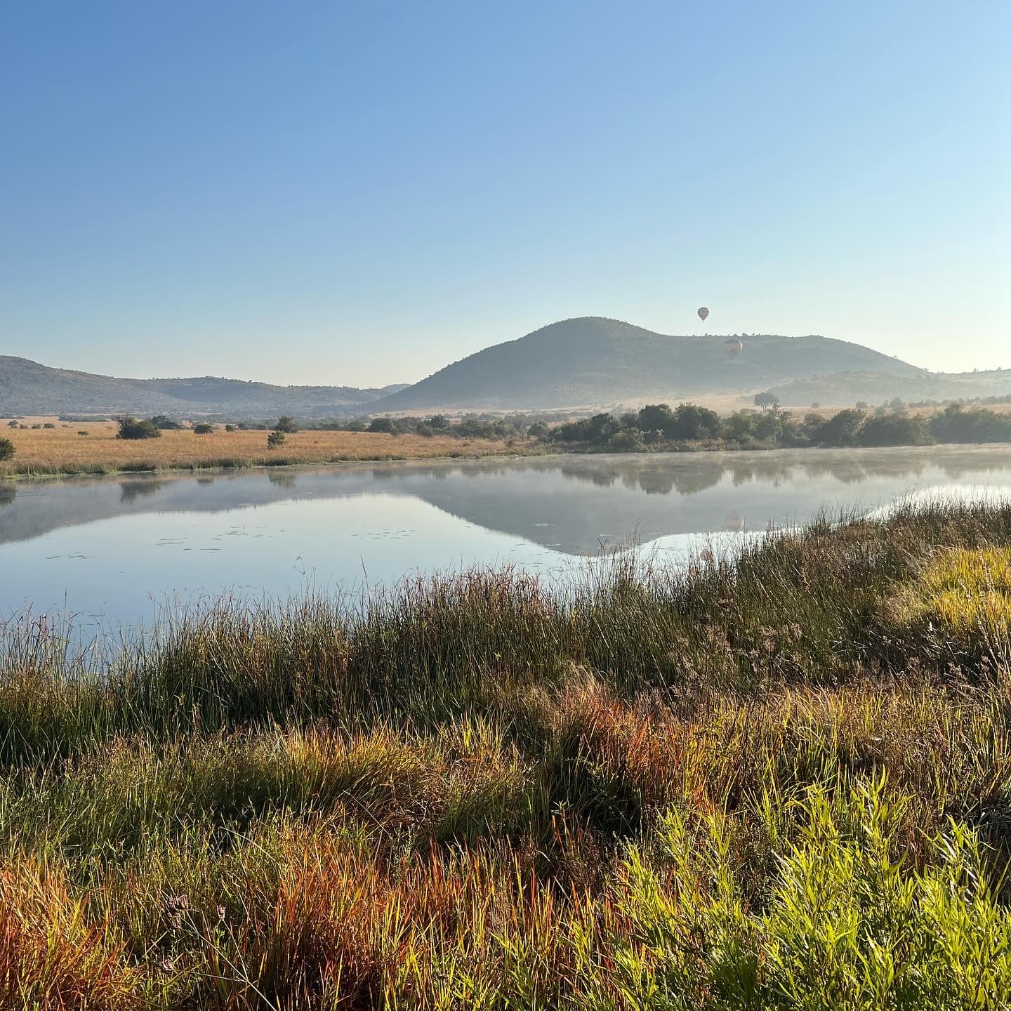 View of a glassy lake surrounded by a vast field with a mountain in the distance on a clear day