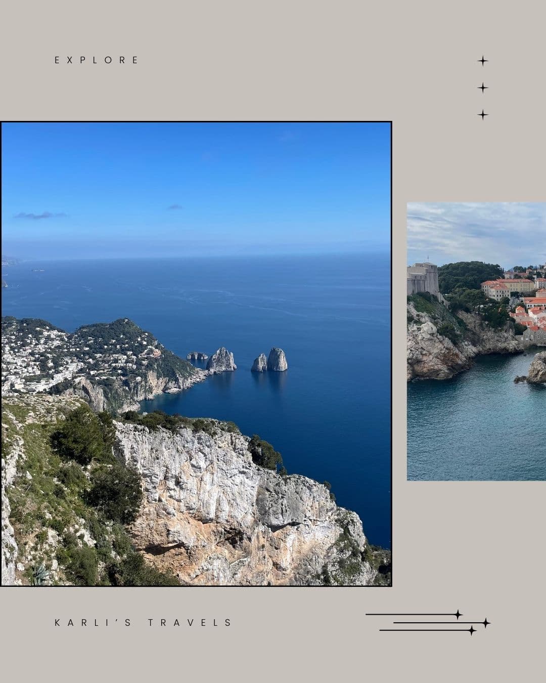 Aerial view of a rocky coastline and deep blue sea under sunny skies
