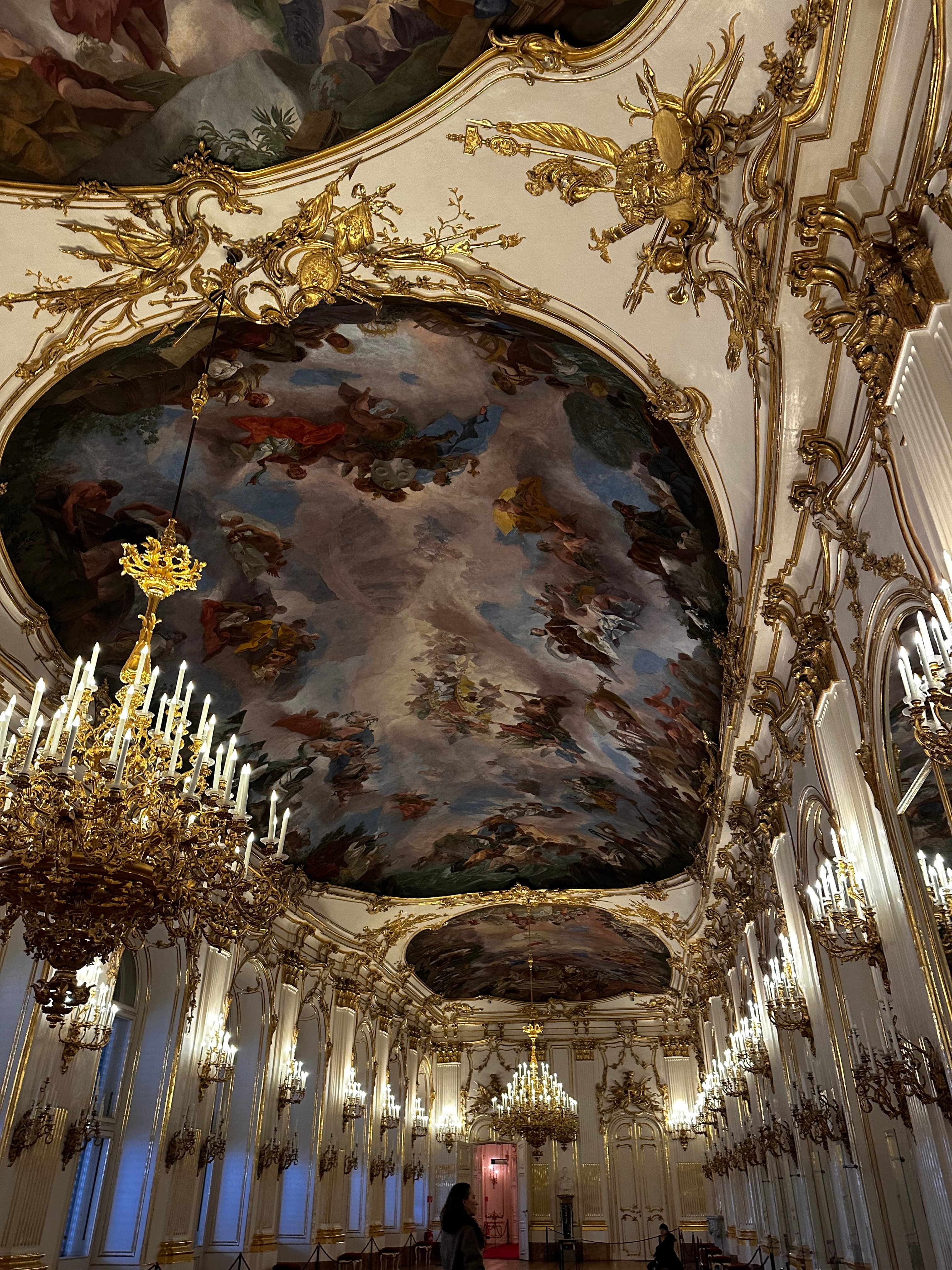 A view of inside a cathedral with lighting.