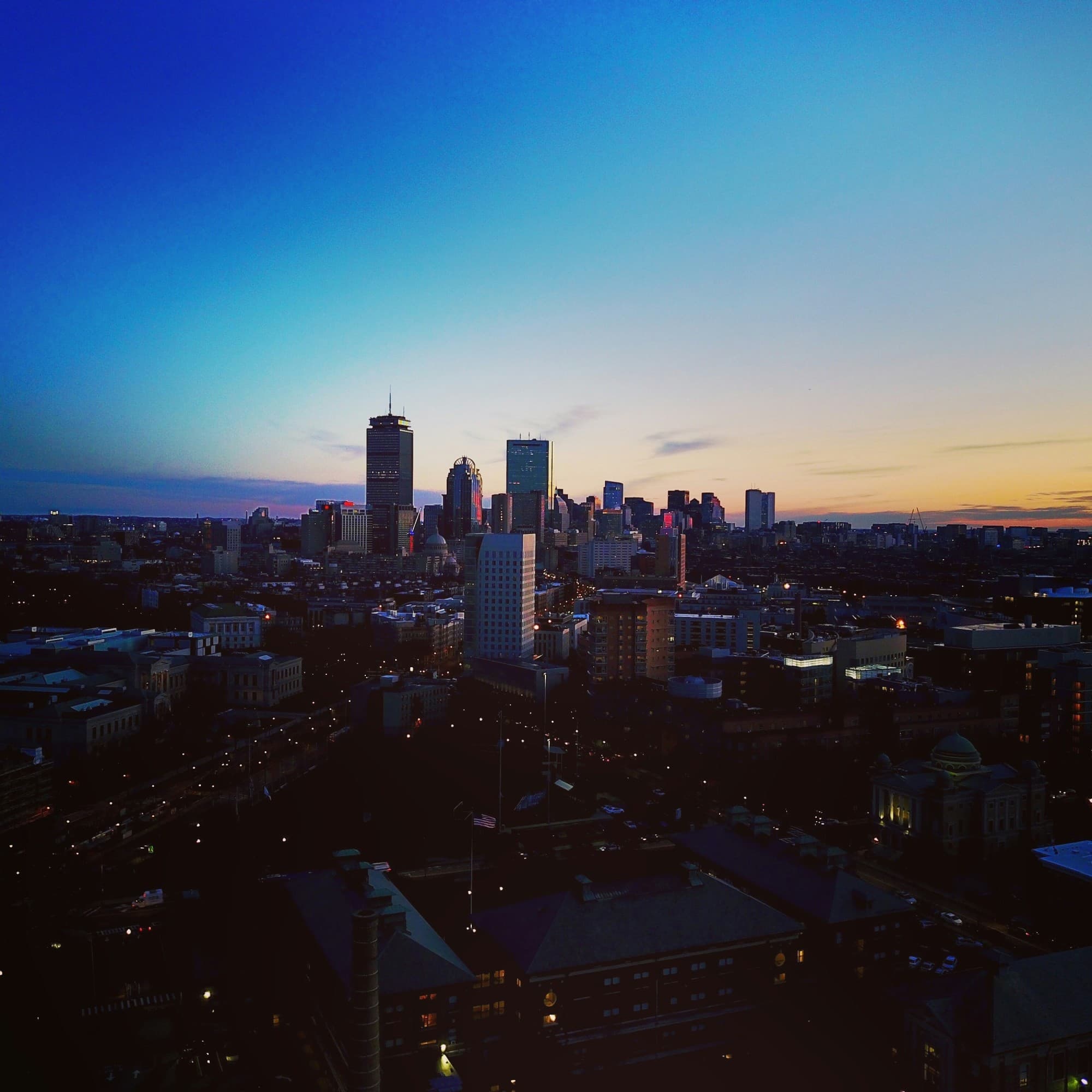 The city skyline at sunrise.