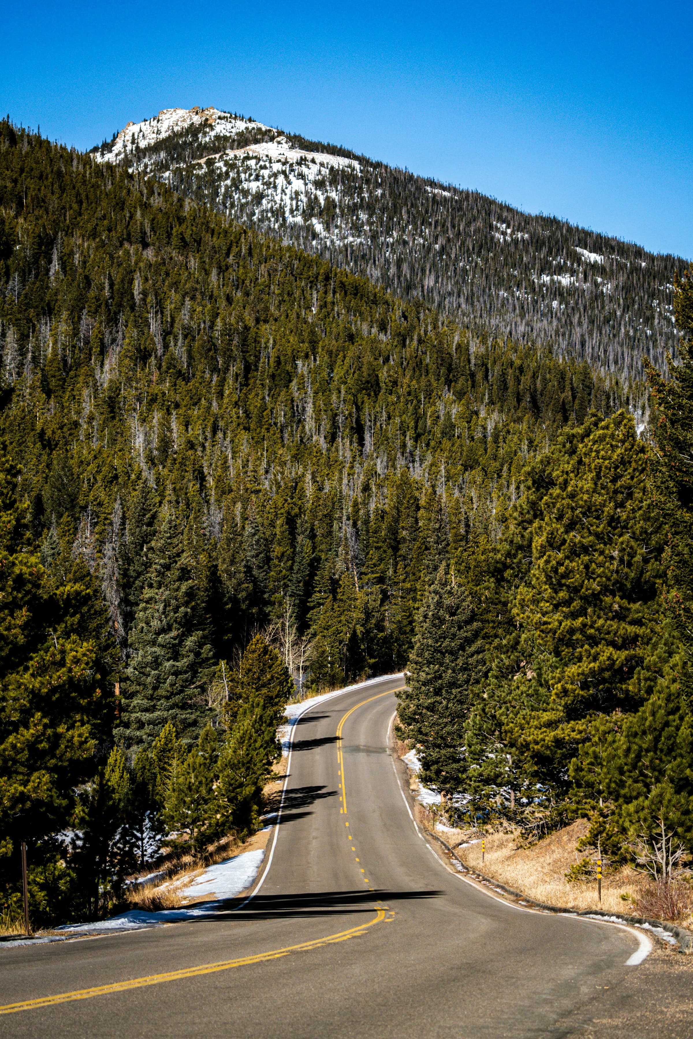 A winding road with mountains in the distance
