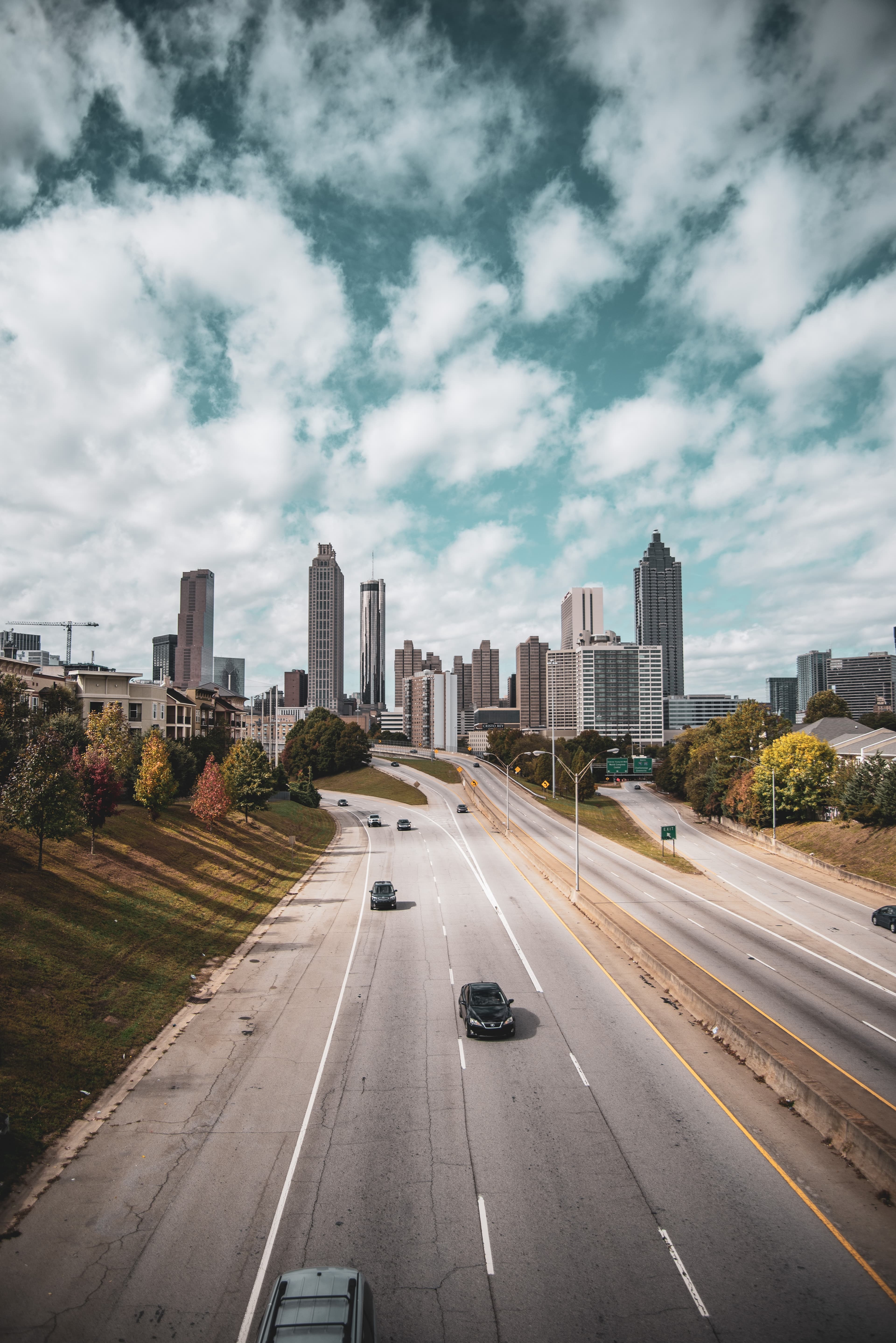 The skyline of Atlanta from a highway.