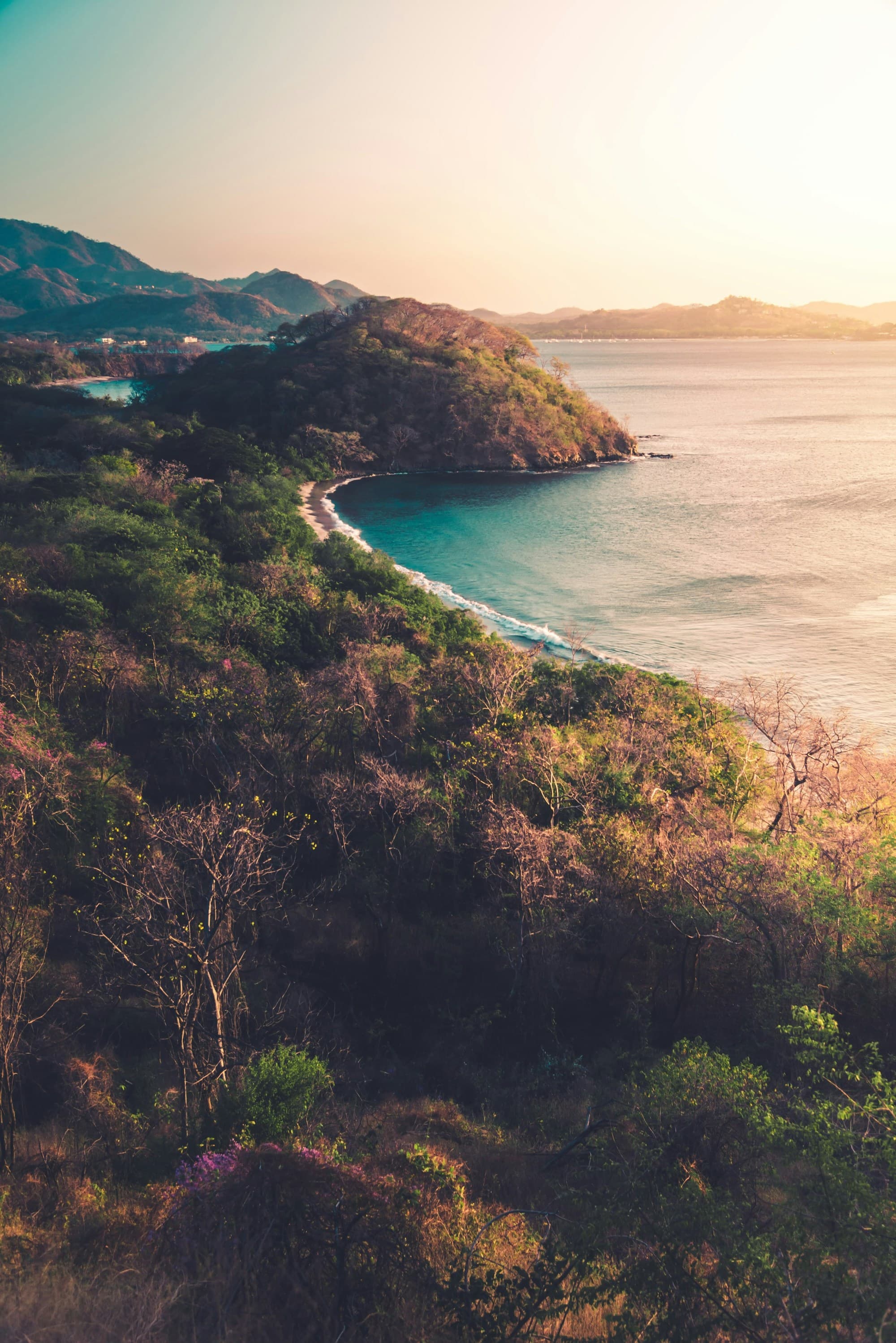 An aerial view of an island with green trees and brown mountains during daytime.